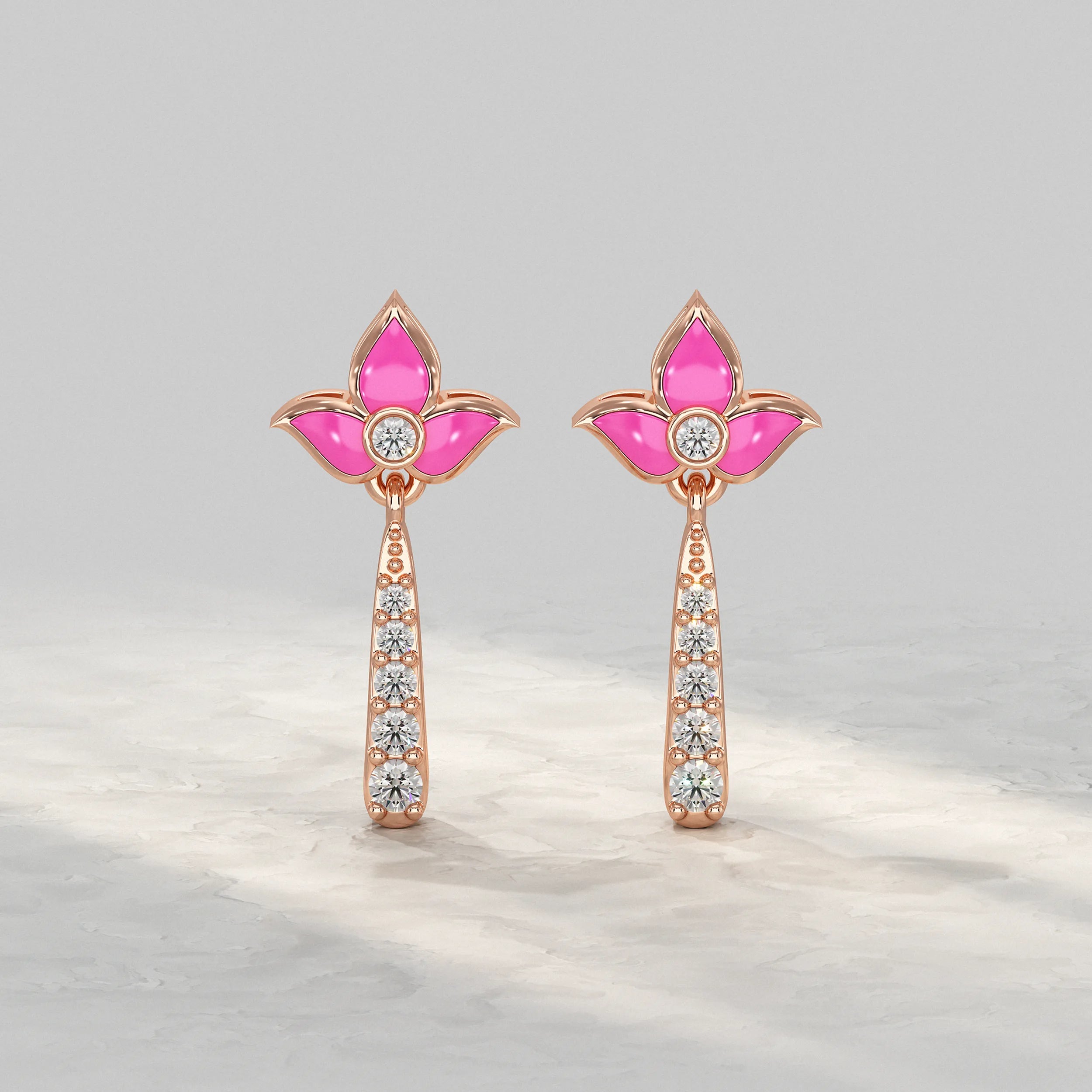 Elegant-Rose-Gold-Earrings-With-Pink-Enamel-Flower-And-Diamond-Line