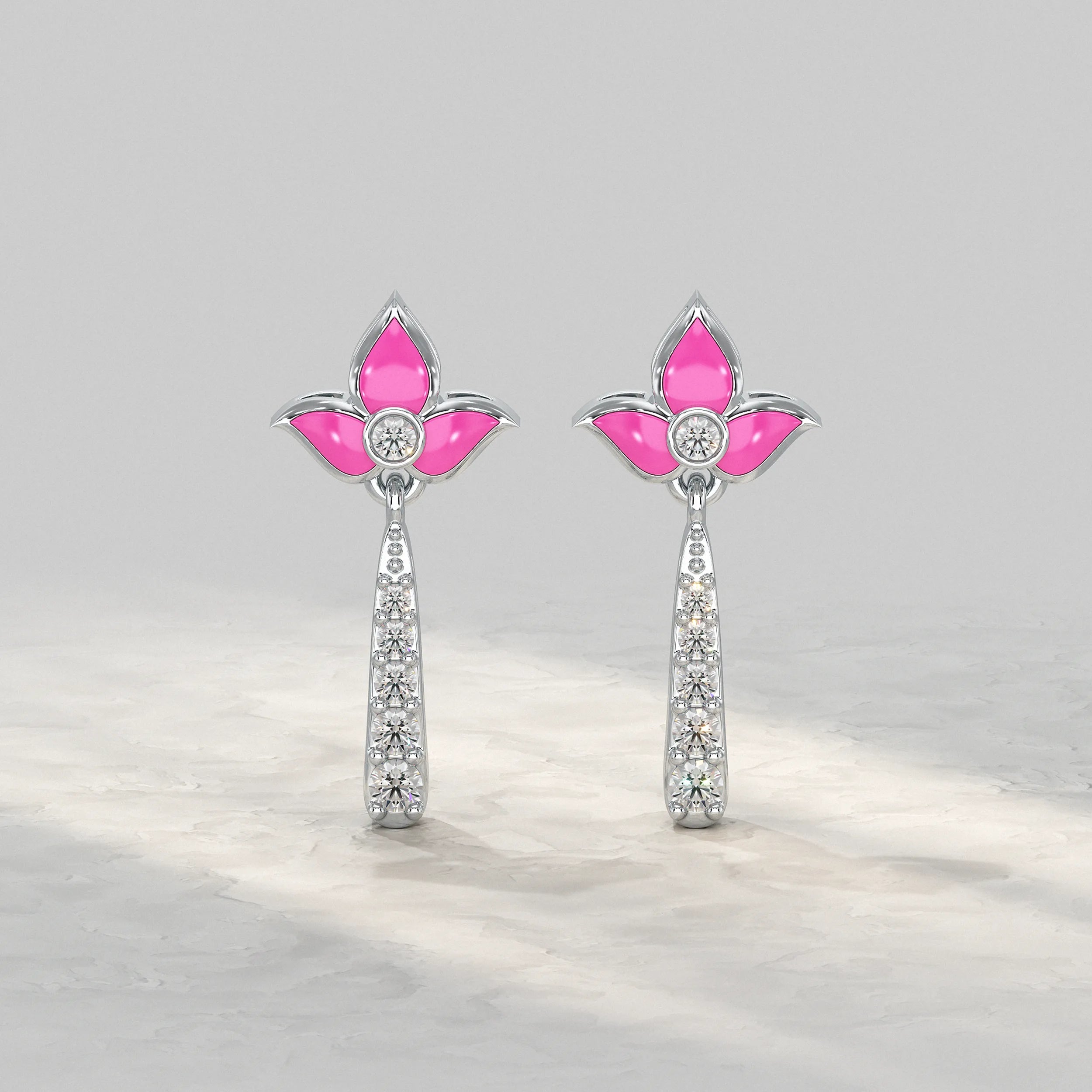 Silver-Flower-Drop-Earrings-With-Pink-Petals-And-Sparkling-Diamond