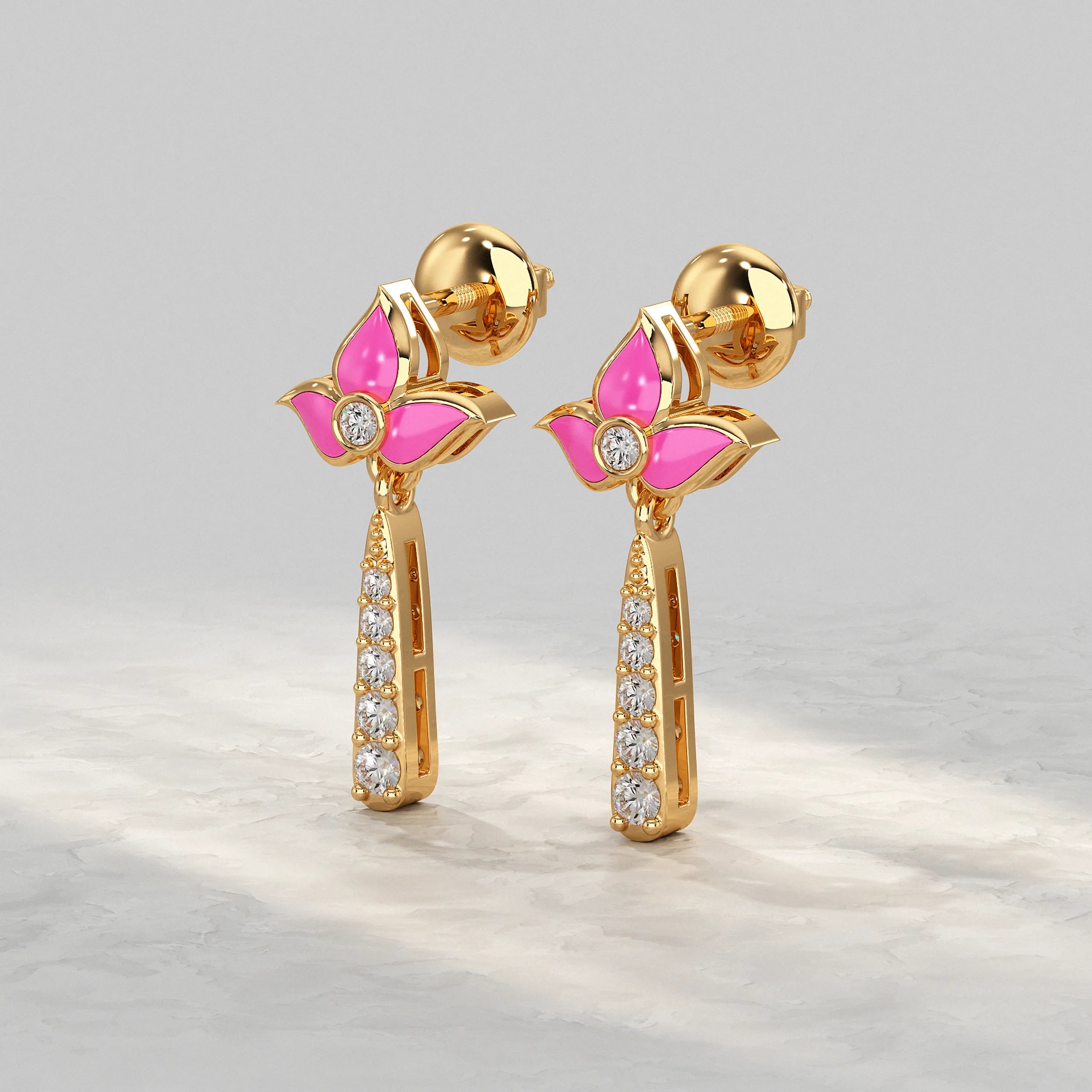 Stylish-Yellow-Gold-Earrings-With-Three-Petal-Pink-Flower-And-Diamond-Drops