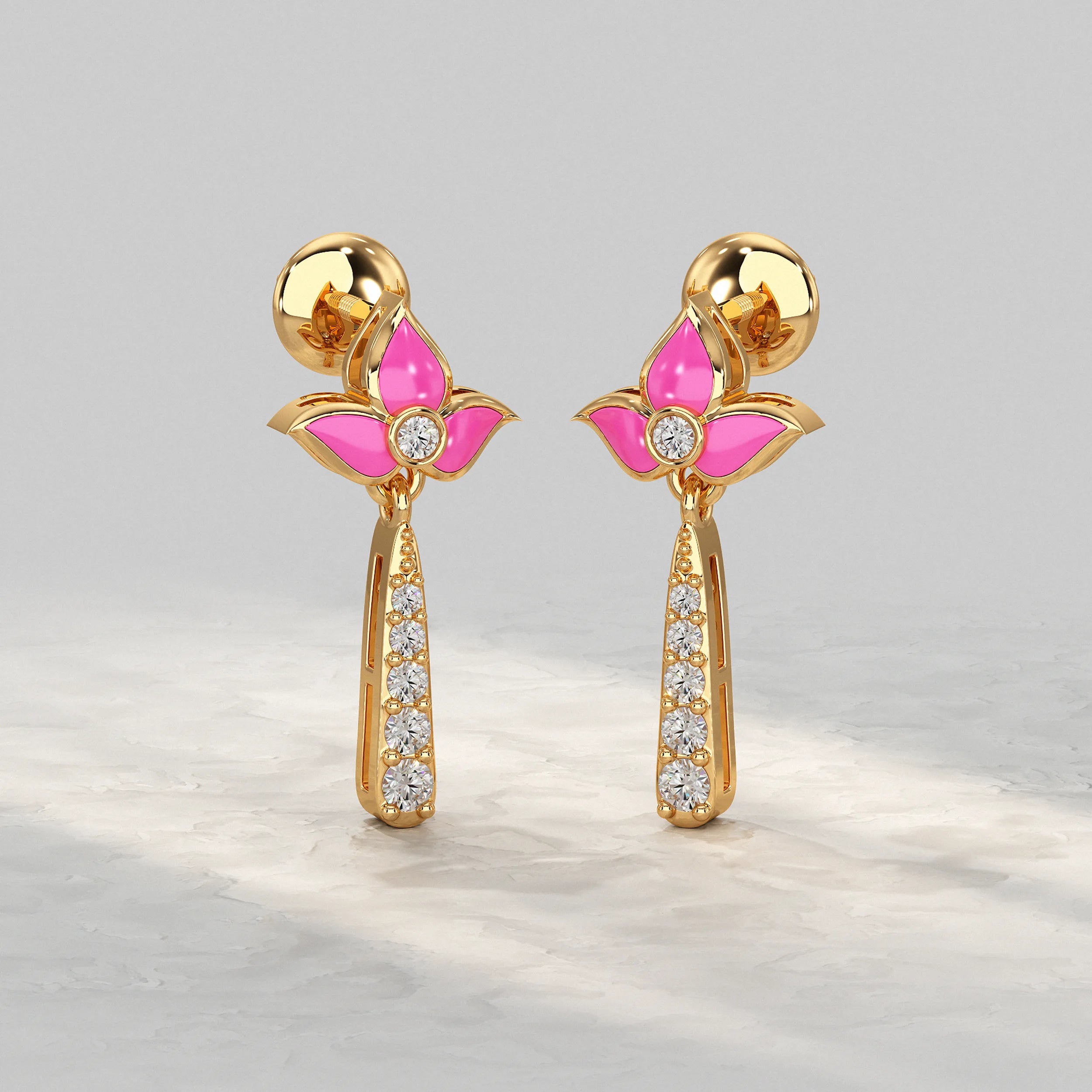 Pink-Enamel-Floral-Earrings-In-Yellow-Gold-With-Diamond-Studded-Dangles