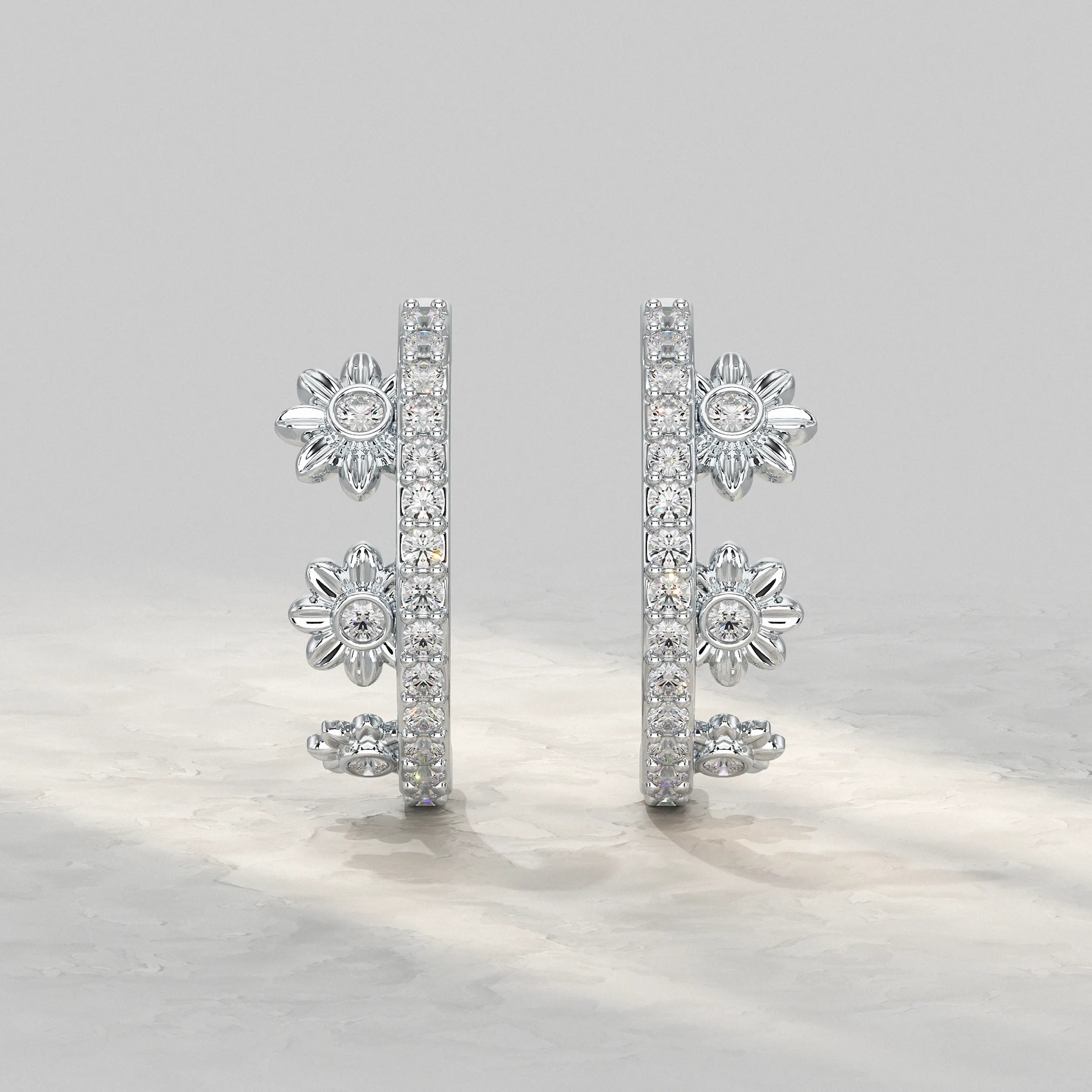 Stylish-Silver-Hoop-Earrings-With-Flower-Design-And-Diamond