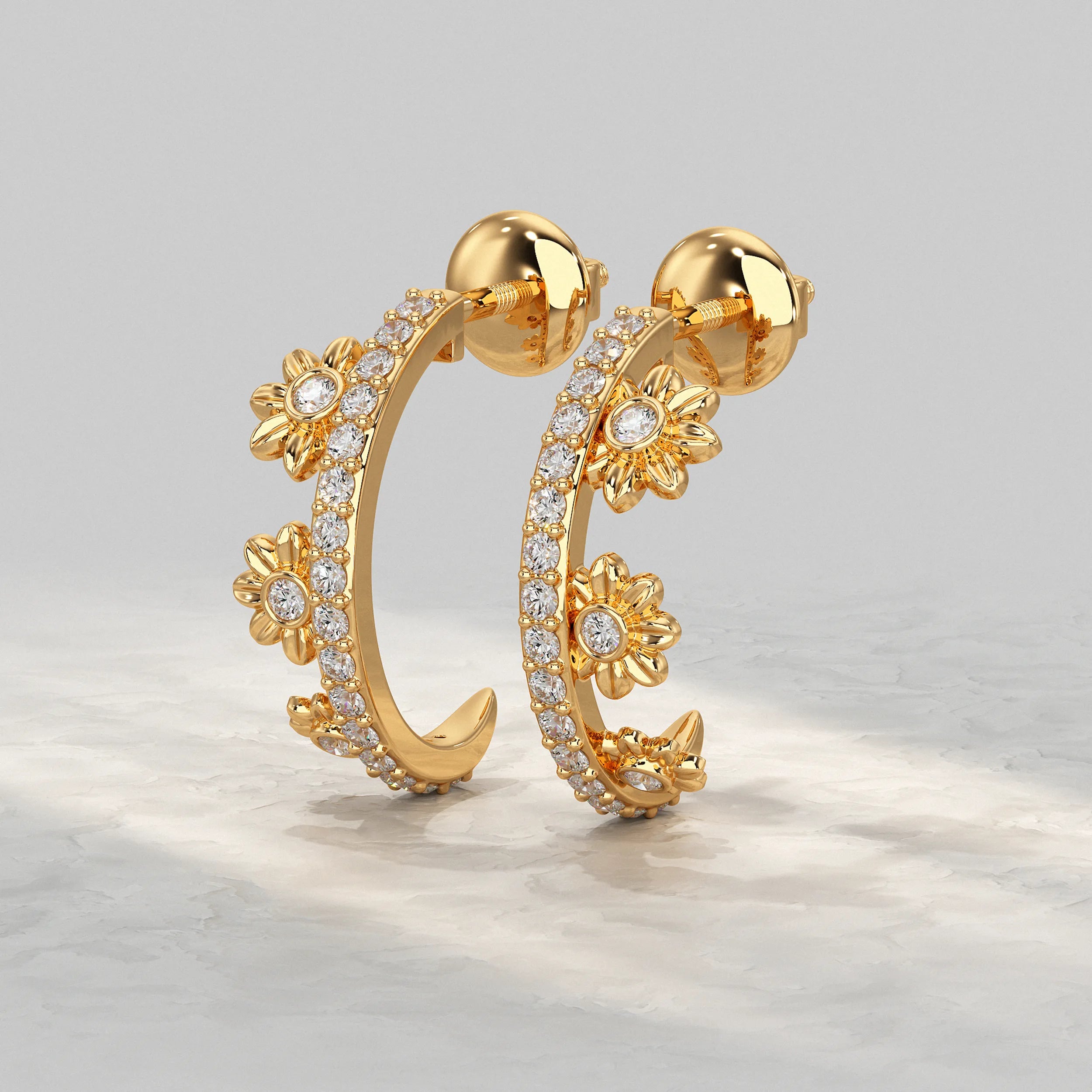 Delicate-Yellow-Gold-Floral-Hoops-With-Round-Cut-Diamond