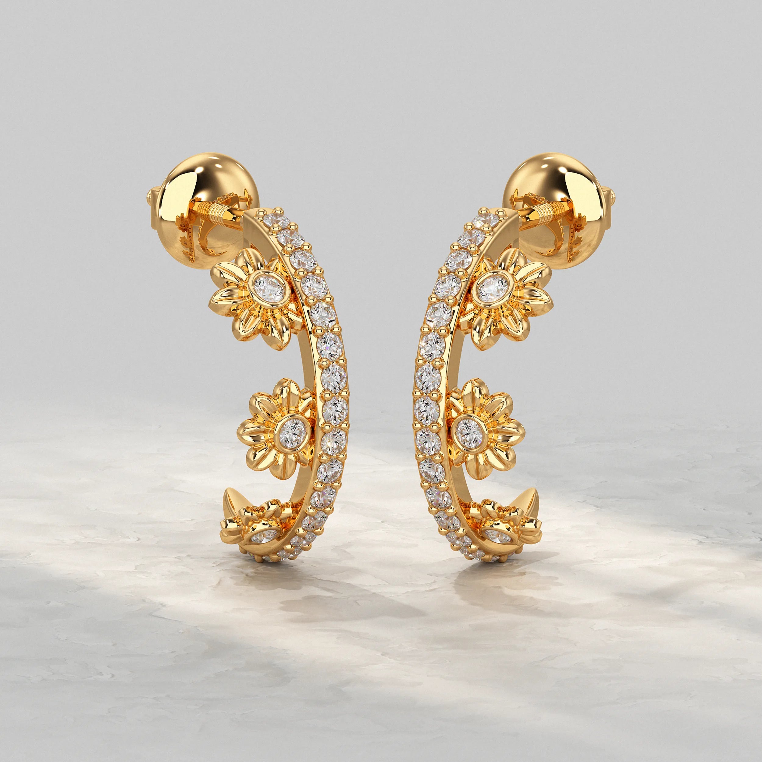 Yellow-Gold-Hoop-Earrings-With-Textured-Floral-Design-And-Lab-Diamond
