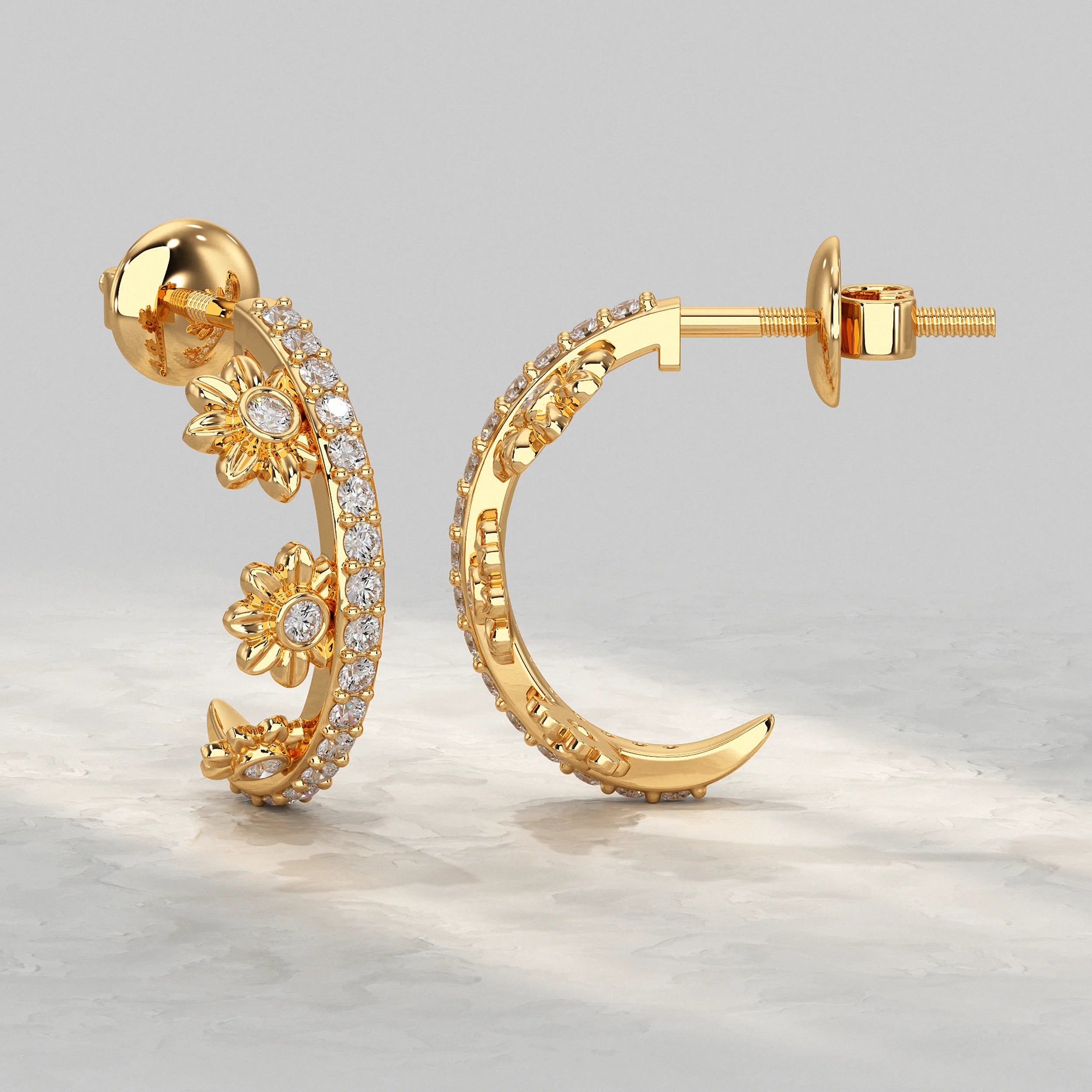 Yellow-Gold-Earrings-With-Diamond-Encrusted-Hoop-And-Flower-Details