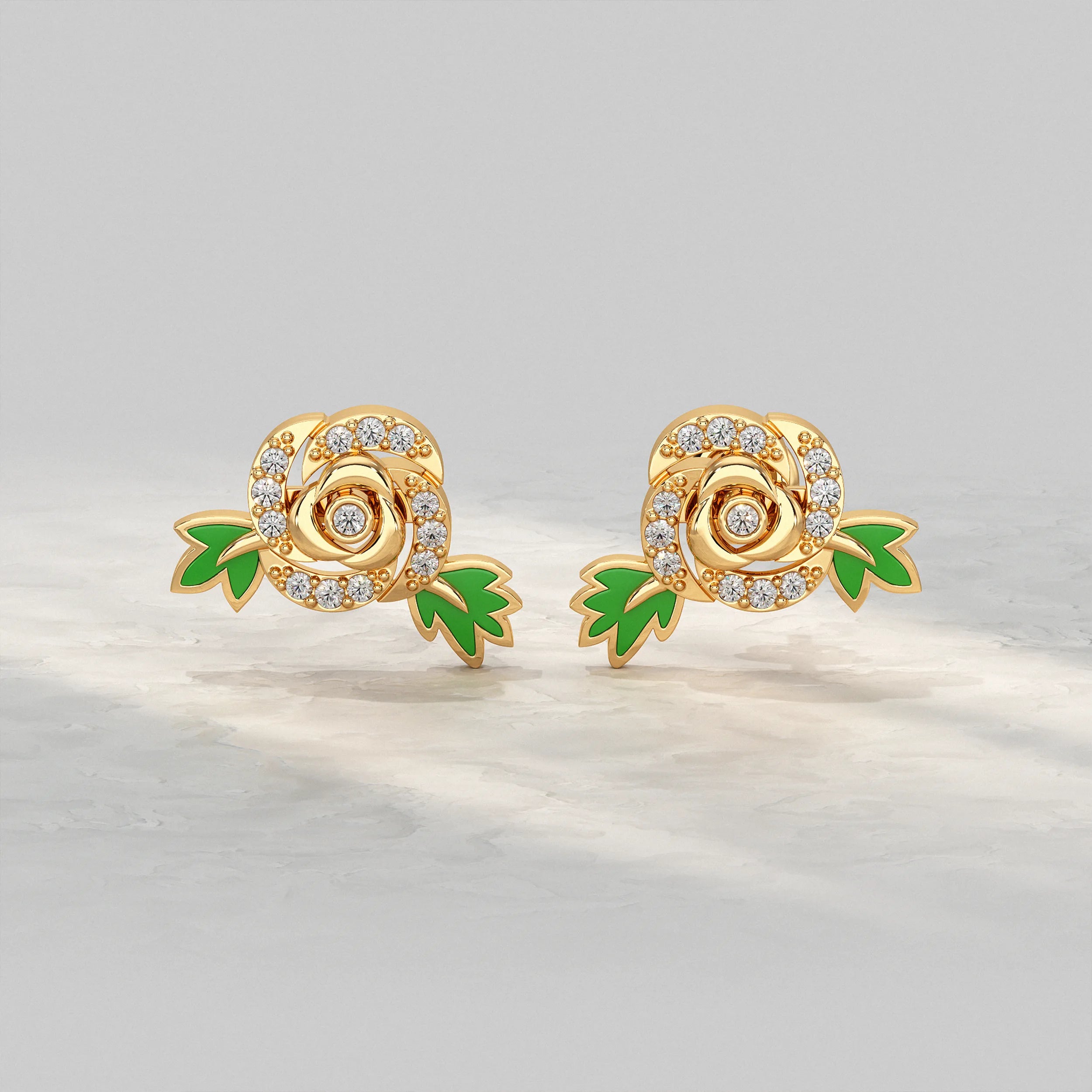 Yellow-Gold-Rose-Stud-Earrings-With-Diamond-Accent