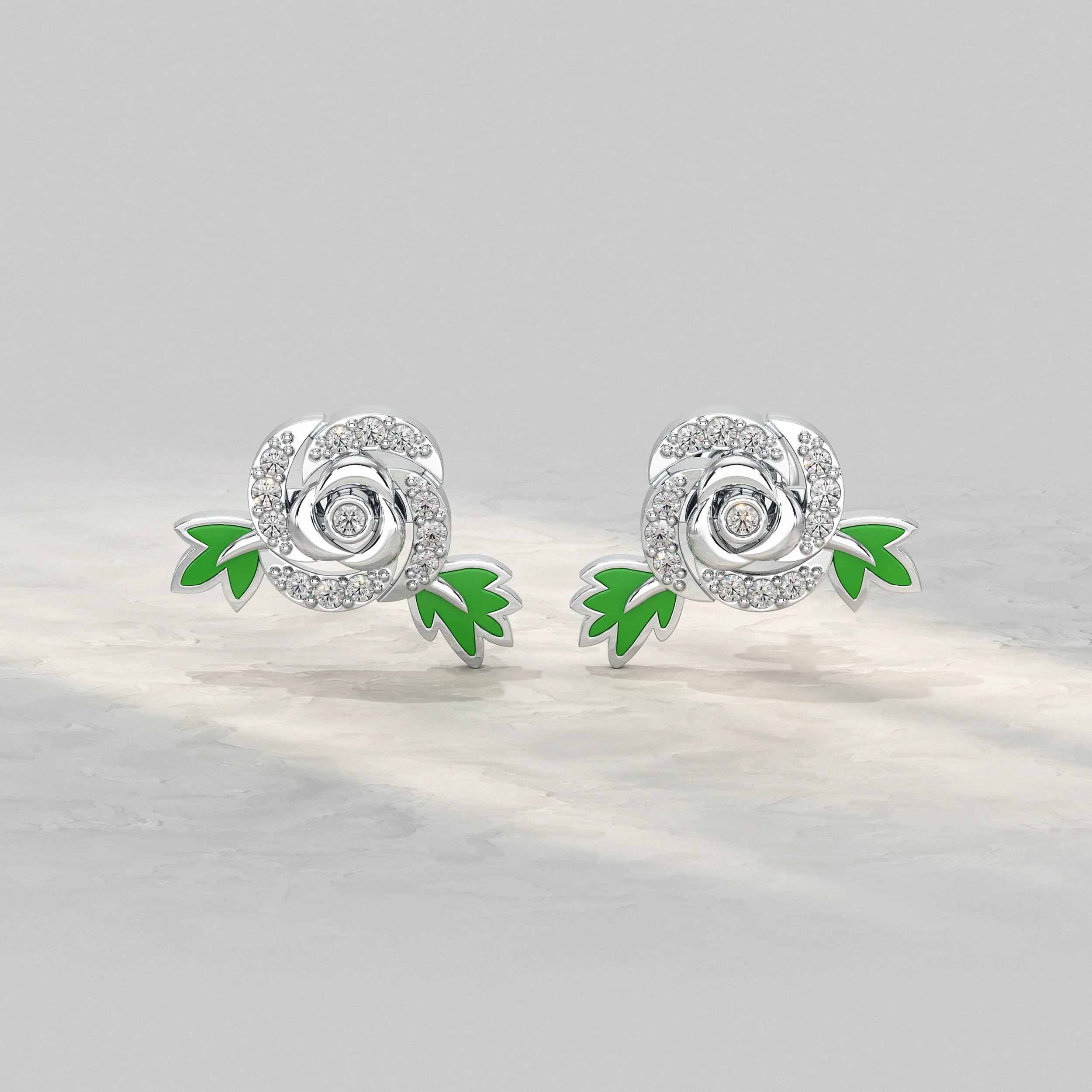 Elegant-Silver-Rose-Earrings-With-Green-Enamel-Leaves-And-Sparkling-Diamond