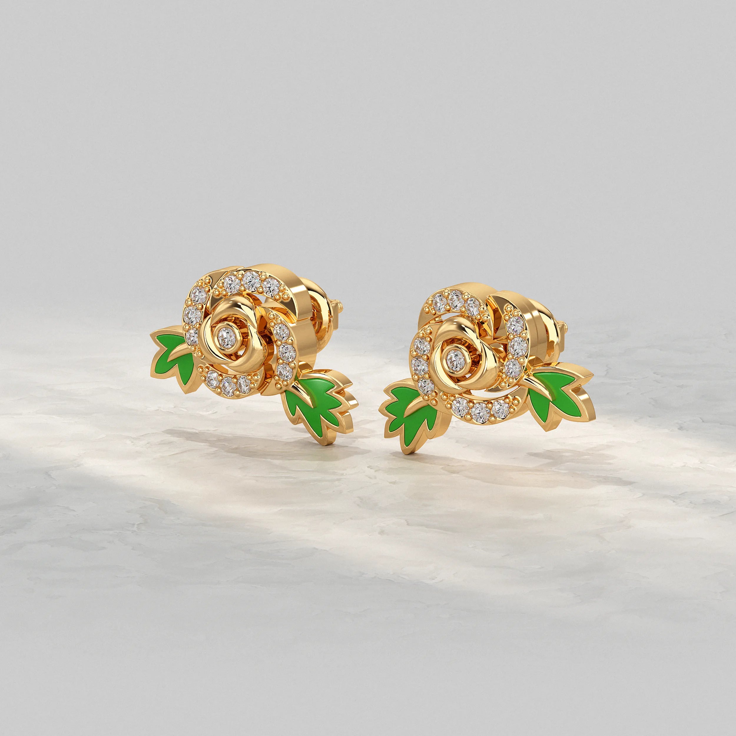 Delicate-Rose-Shaped-Yellow-Gold-Stud-With-Round-Diamond-Detail