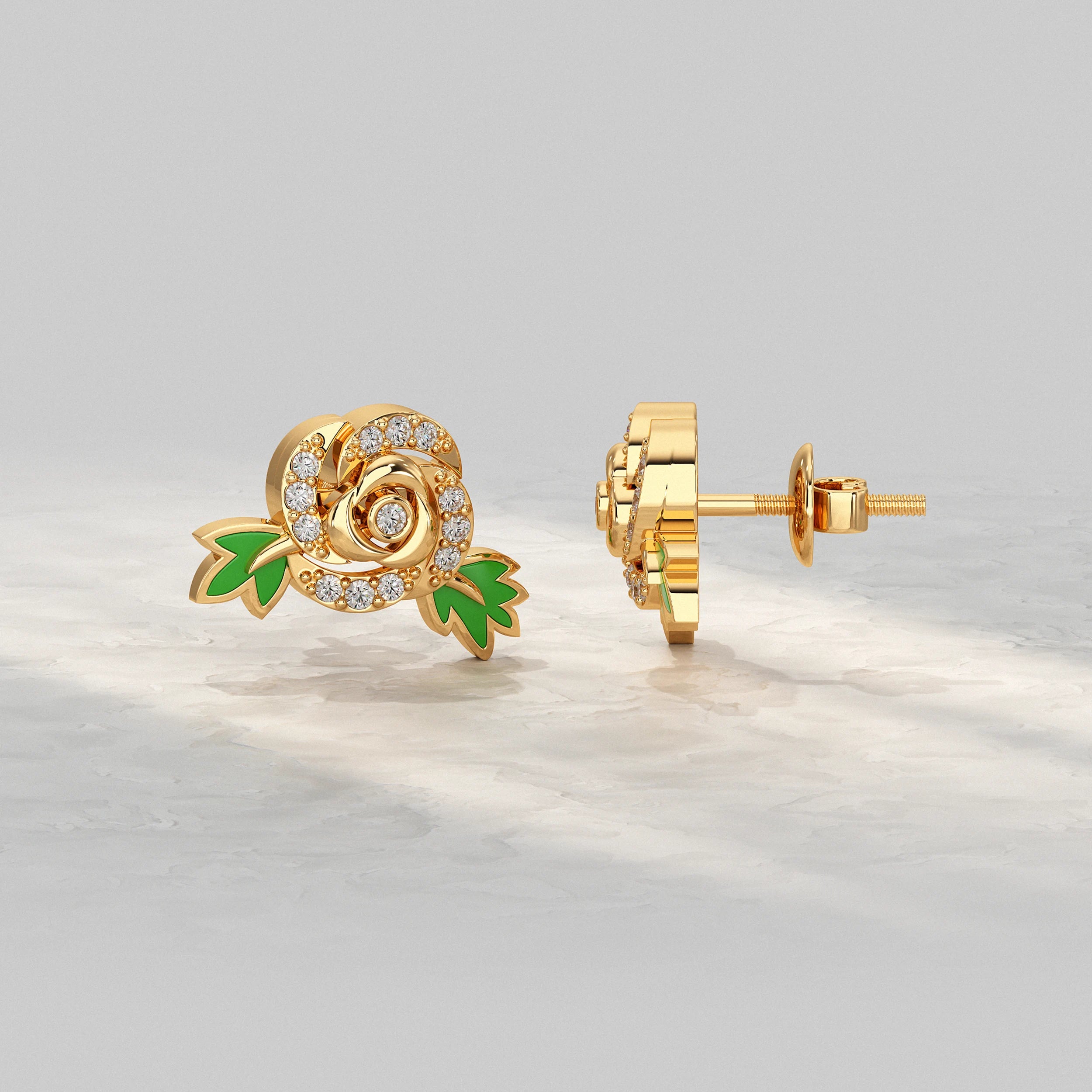 Stylish-Floral-Earrings-In-Yellow-Gold-With-Green-Leaf-Accents-And-Lab-Diamond