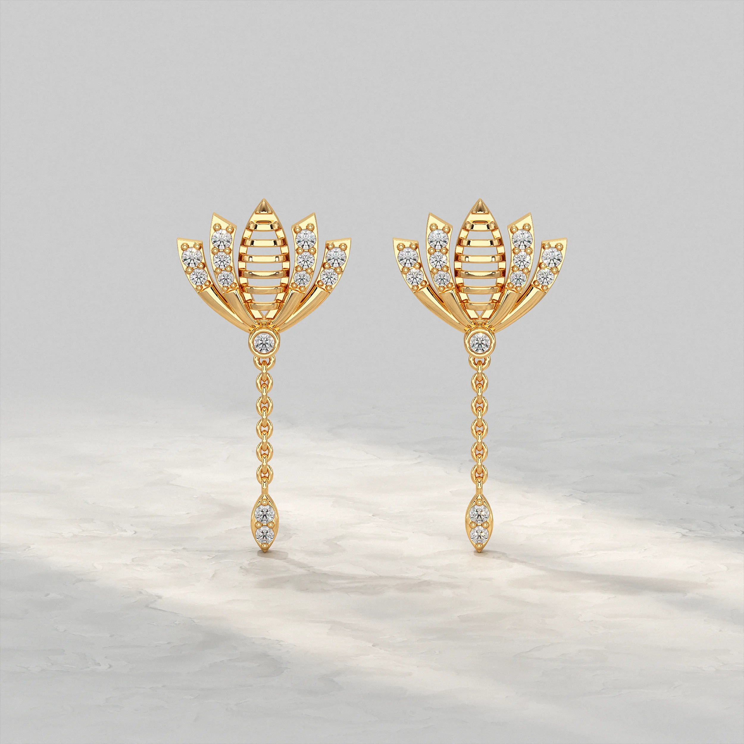 Yellow-Gold-Lotus-Design-Earrings-With-Diamond-Accent
