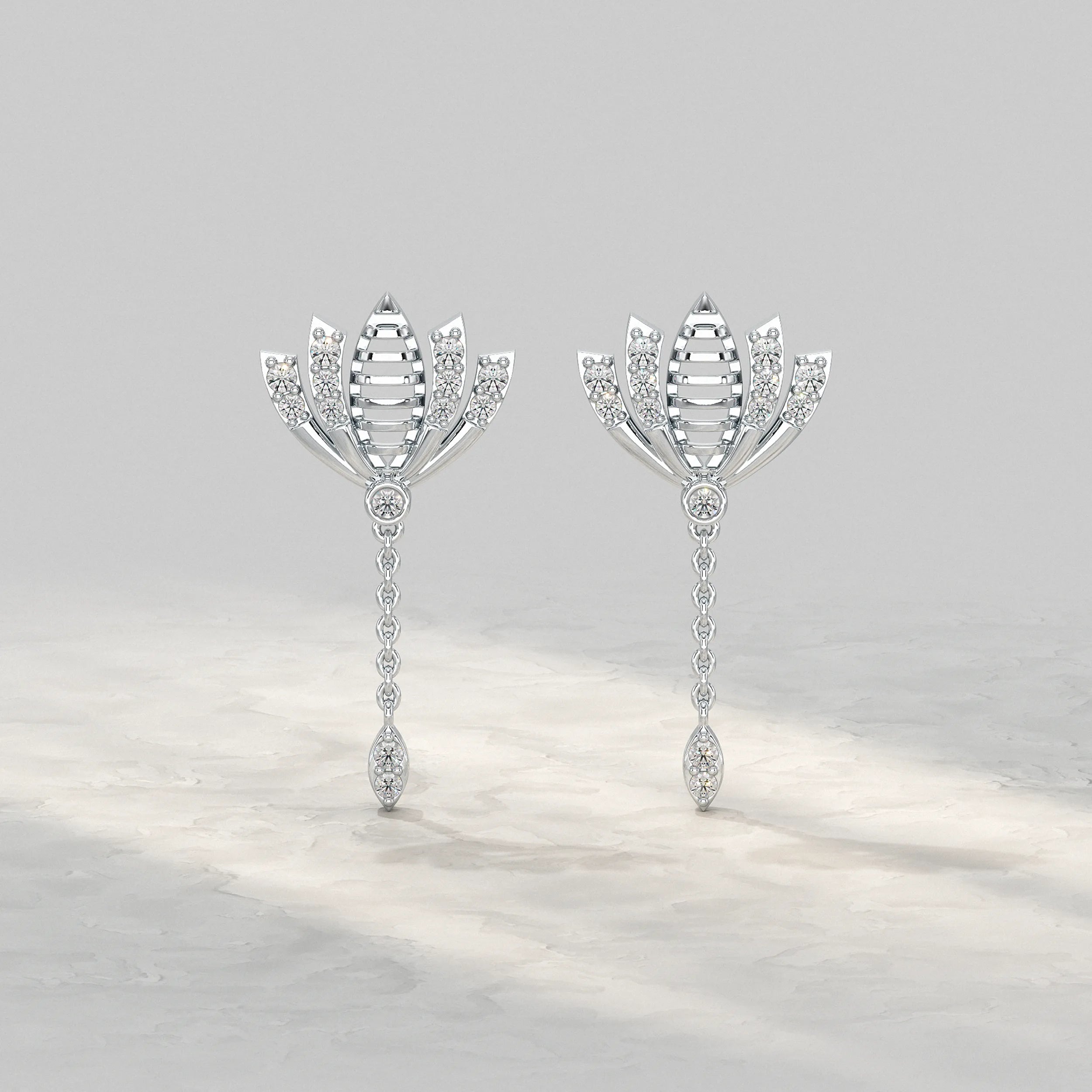 Silver-Lotus-Flower-Drop-Earrings-With-Chain-And-Diamond
