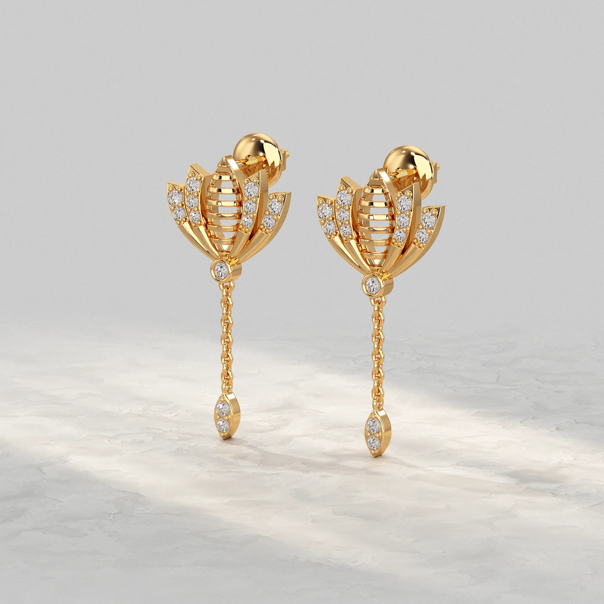 Stylish-Yellow-Gold-Lotus-Motif-Earrings-With-Dangling-Chain-And-Diamond