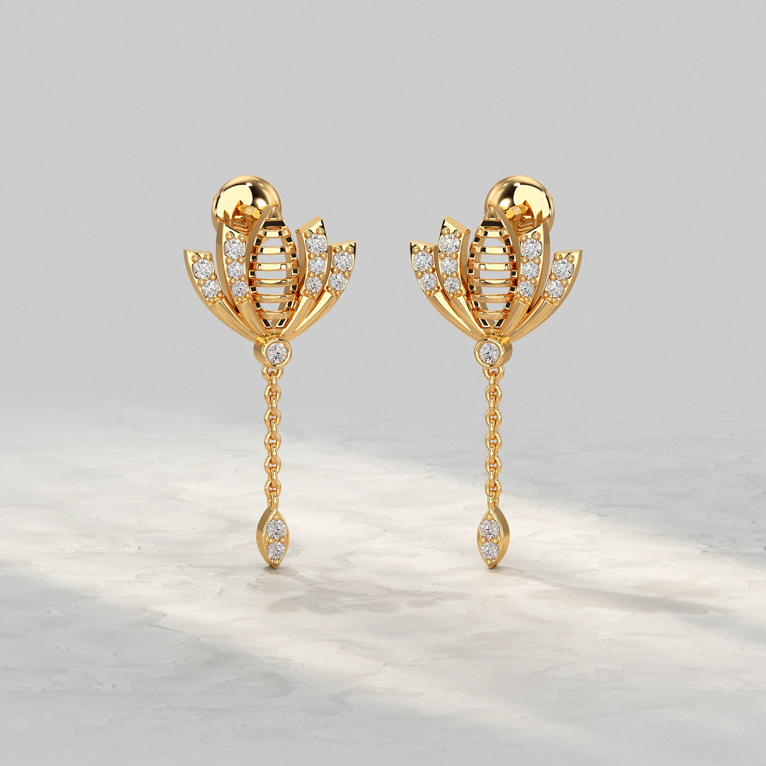 Modern-Yellow-Gold-Lotus-Design-Earrings-With-Chain-Drop
