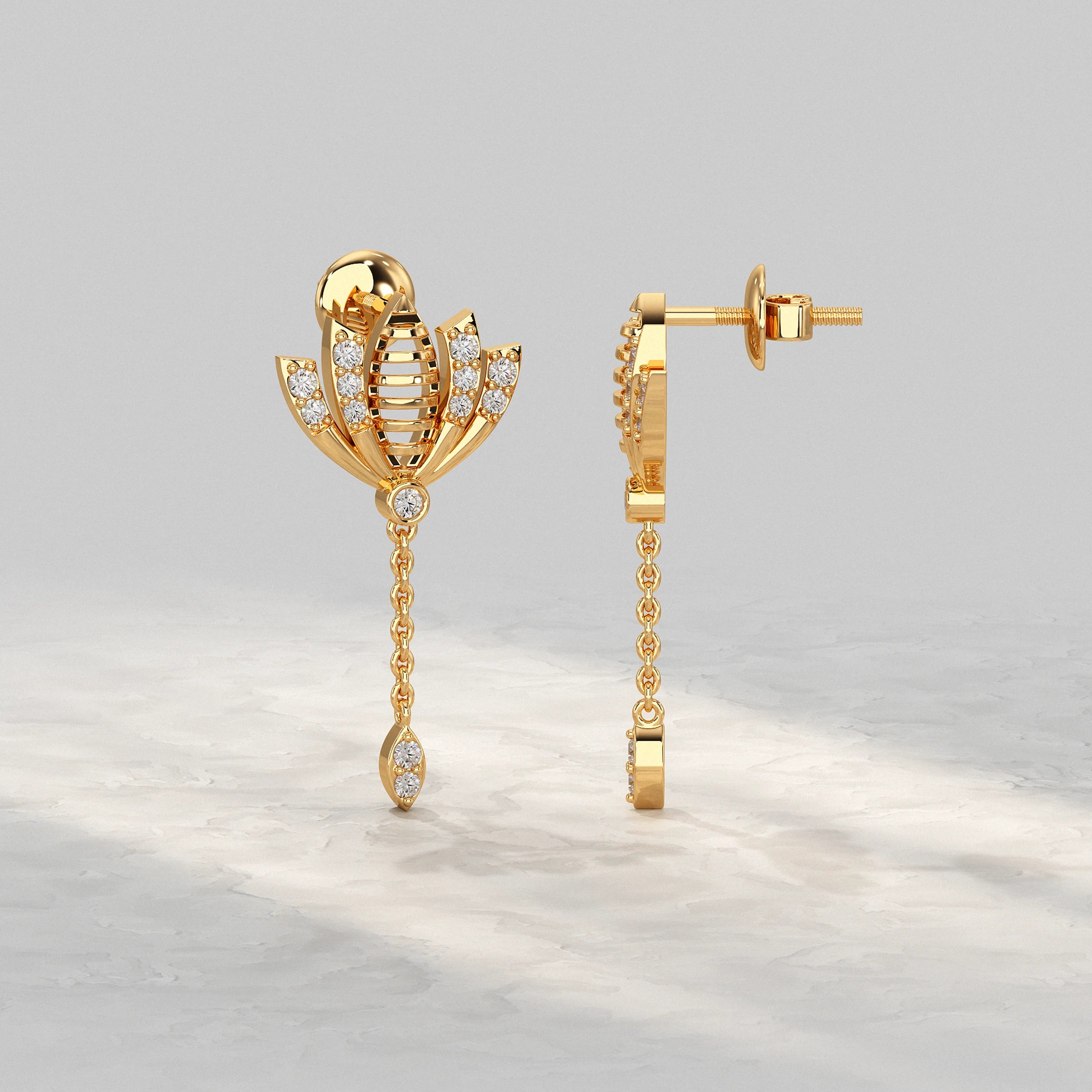 Yellow-Gold-Lotus-Earrings-With-Diamond-Petals-And-Chain-Hang