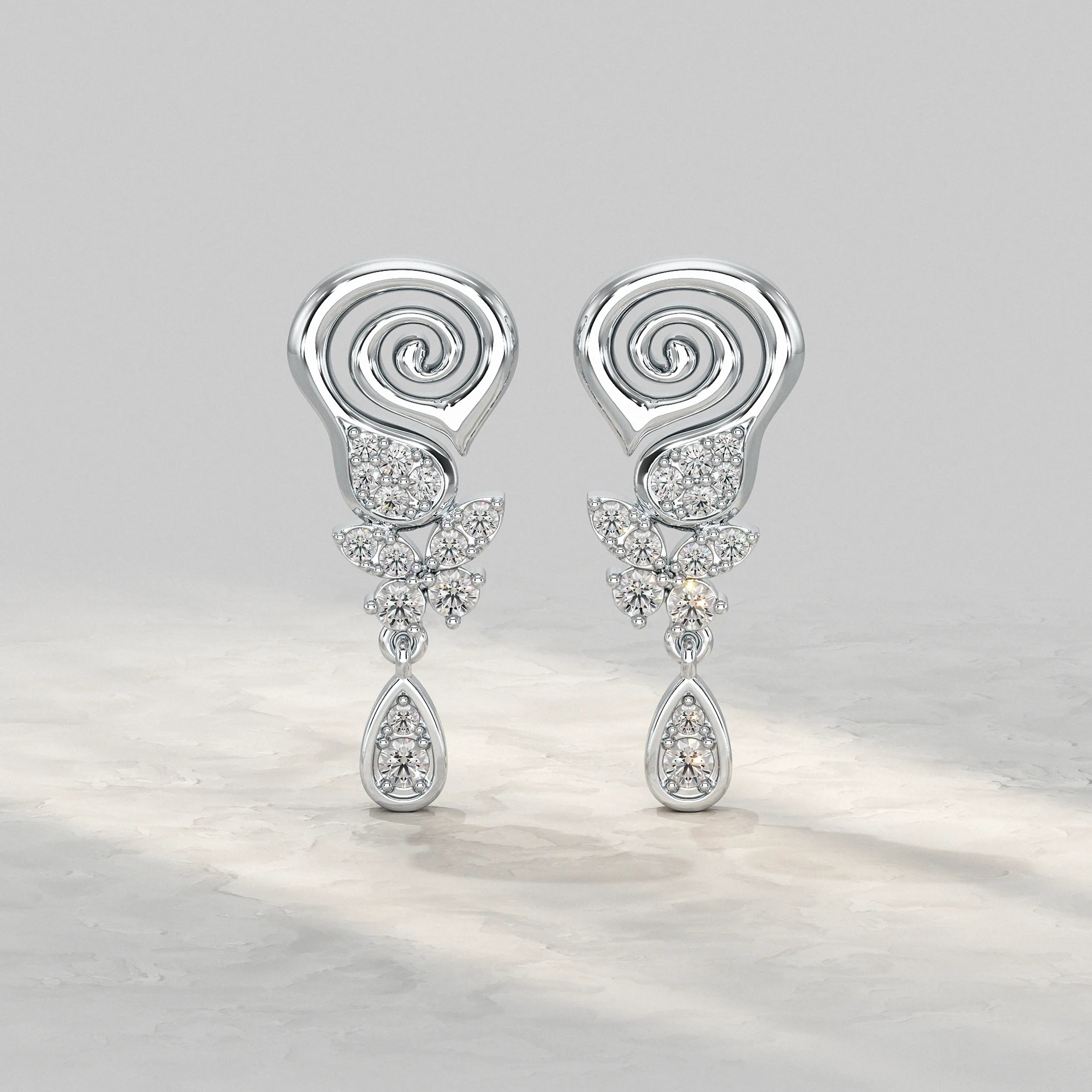 Silver-Spiral-Floral-Drop-Earrings-With-Sparkling-Diamond