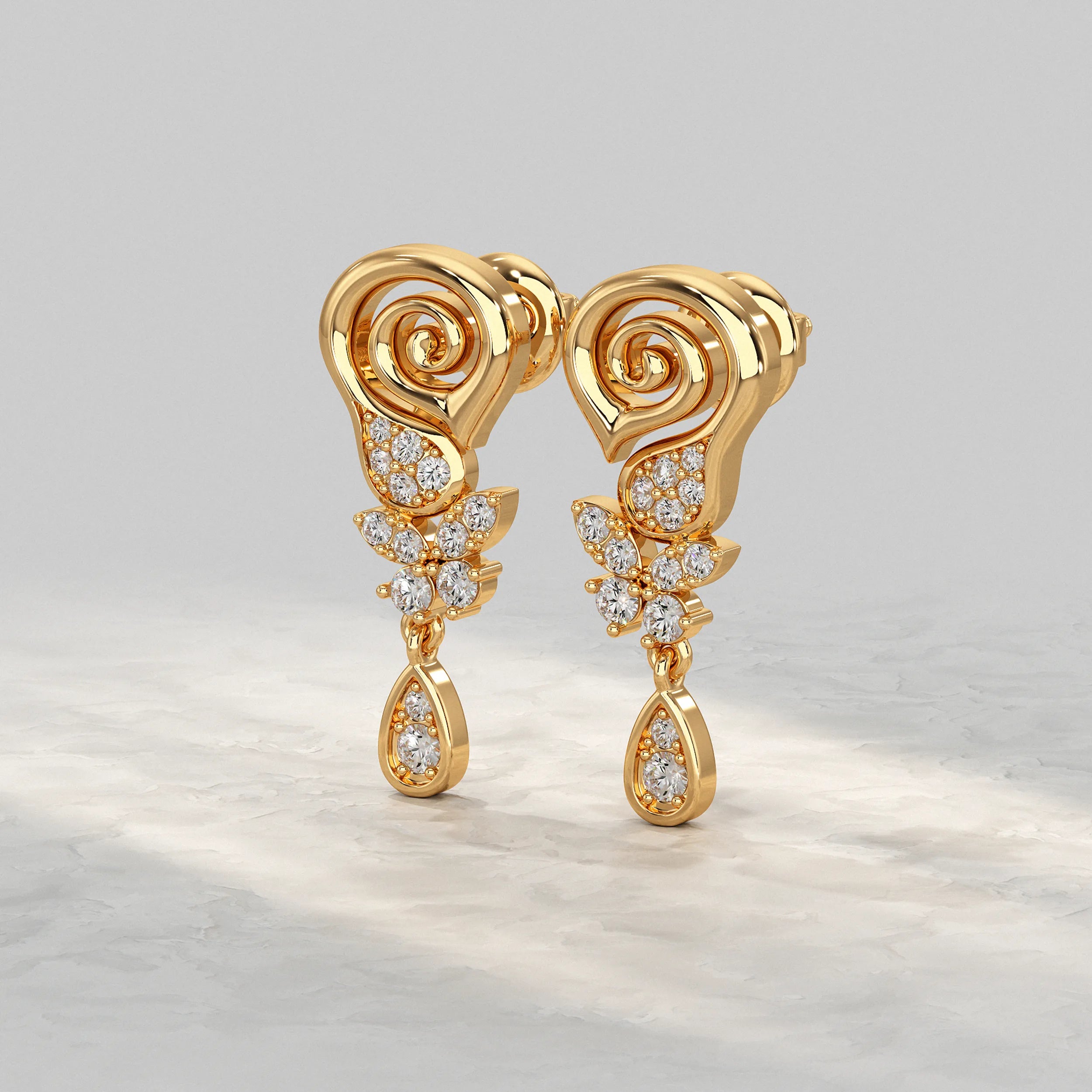 Yellow-Gold-Earrings-With-Spiral-Top-And-Floral-Diamond-Drop
