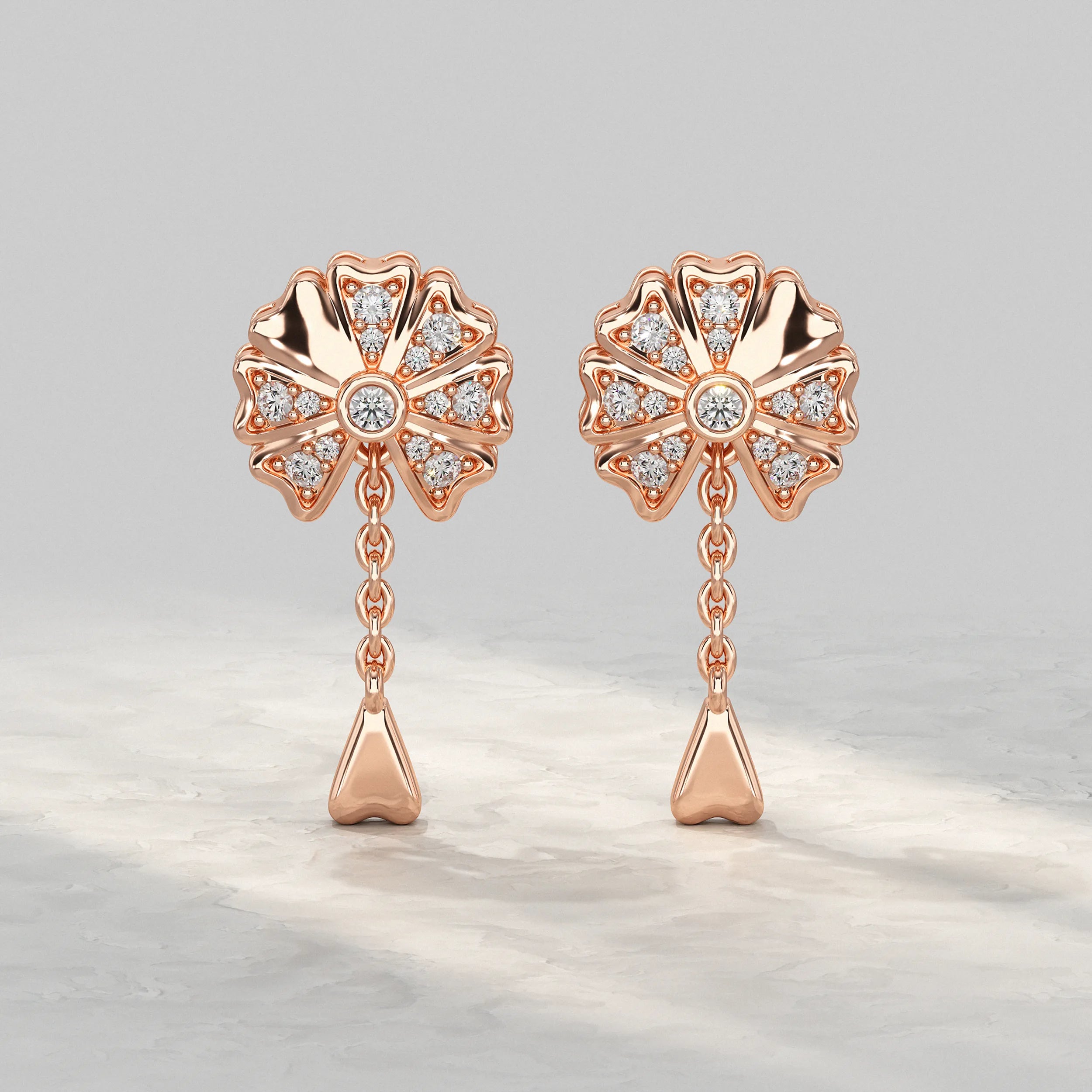 Elegant-Rose-Gold-Floral-Chain-Earrings-With-Diamond-Accent