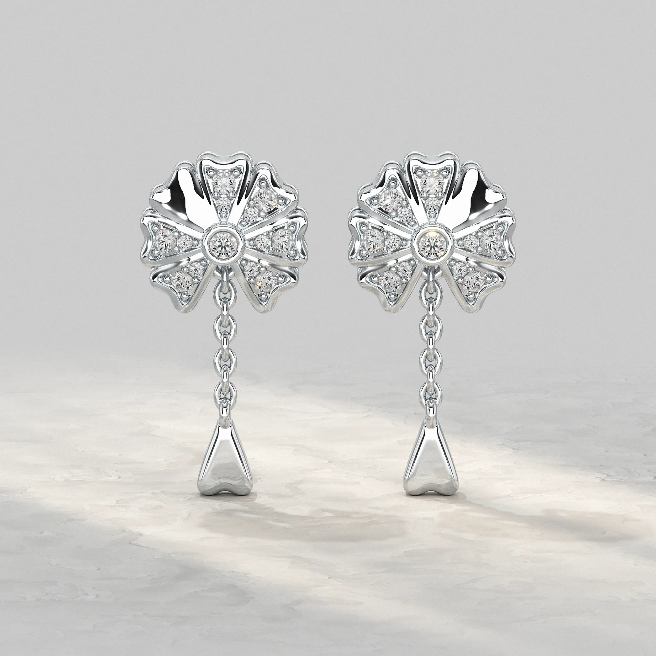 Silver-Flower-Drop-Earrings-With-Center-Diamond-And-Chain-Detail