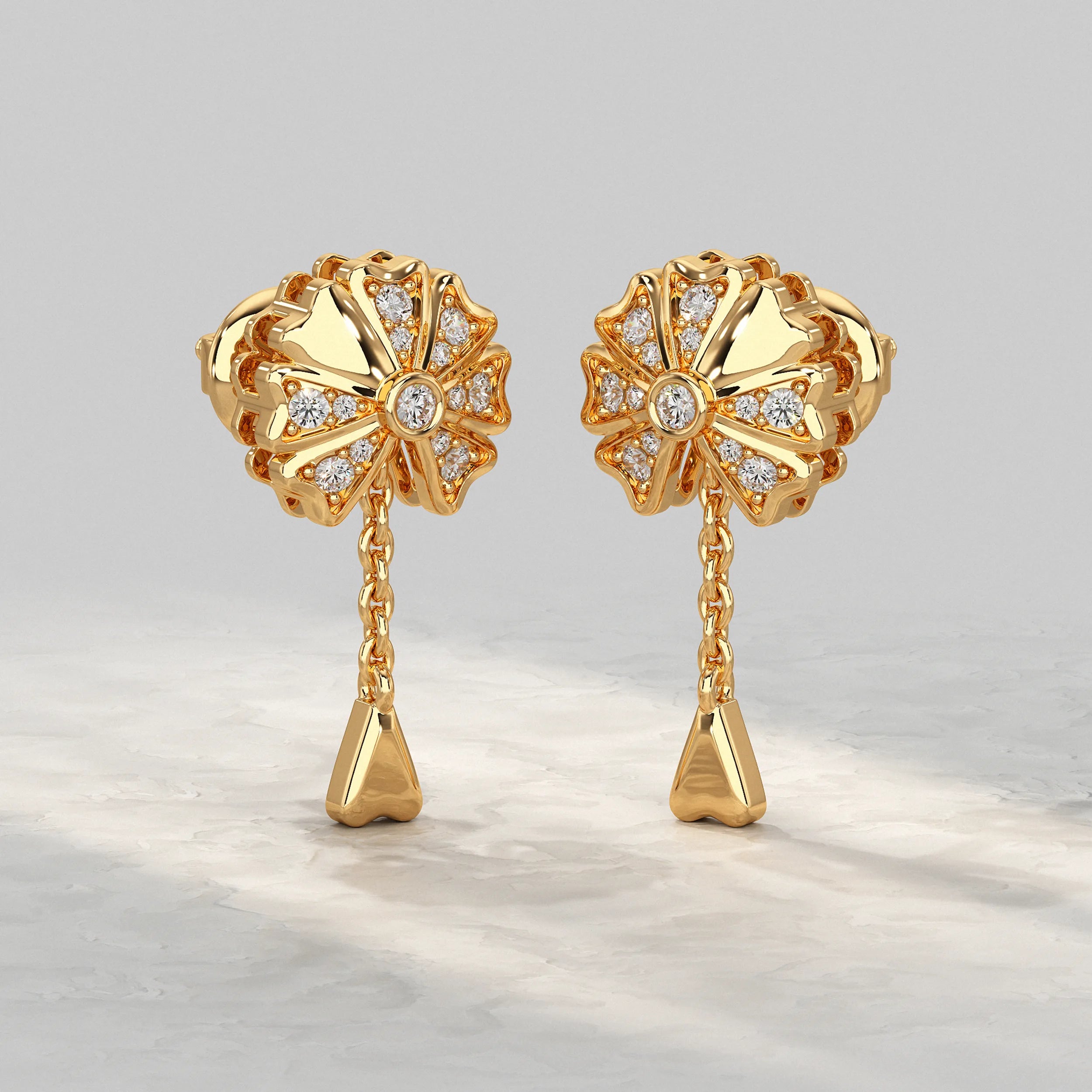 Yellow-Gold-Floral-Stud-Earrings-With-Diamond-Center-And-Drop-Charm