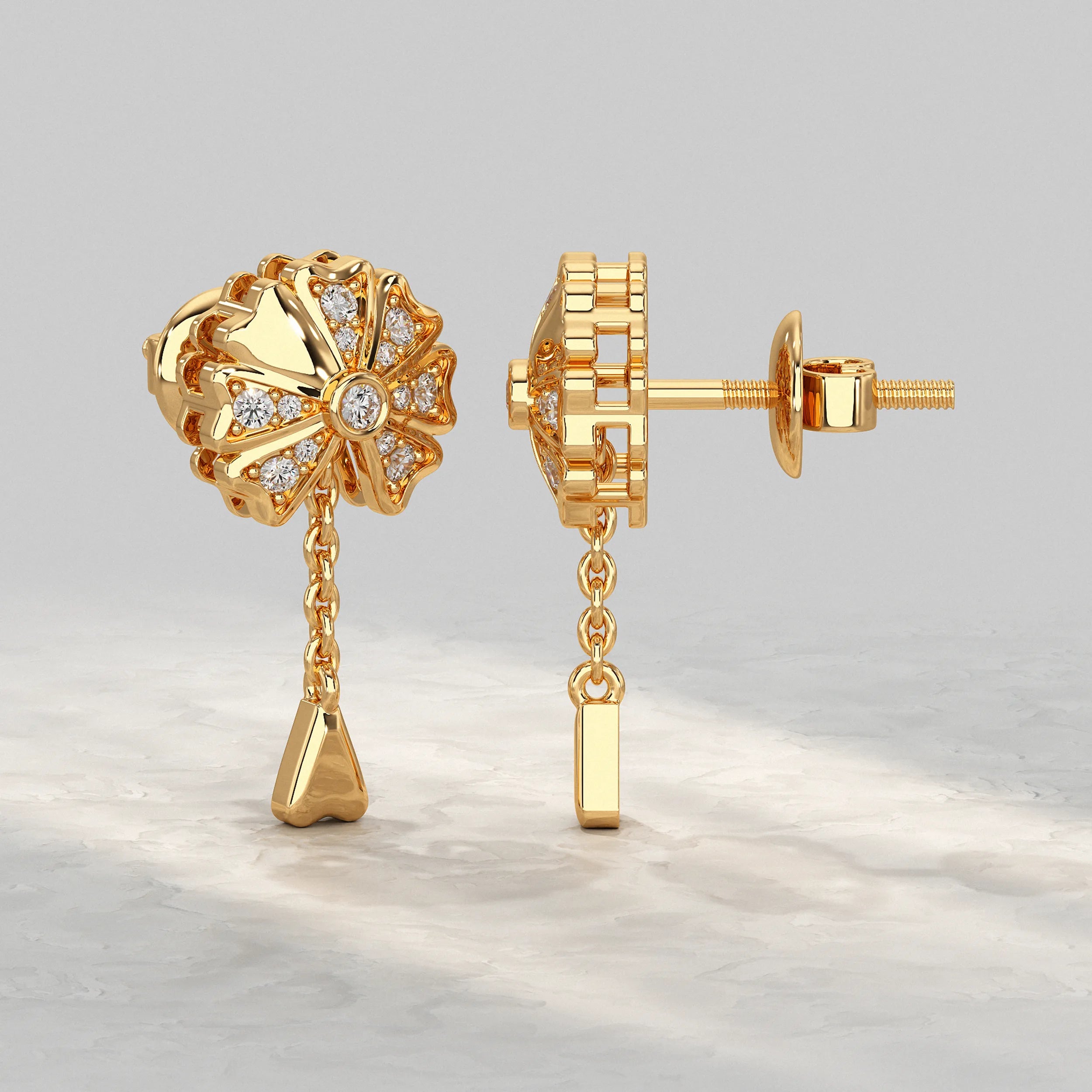 Yellow-Gold-Drop-Earrings-With-Flower-Motif-And-Sparkling-Diamond