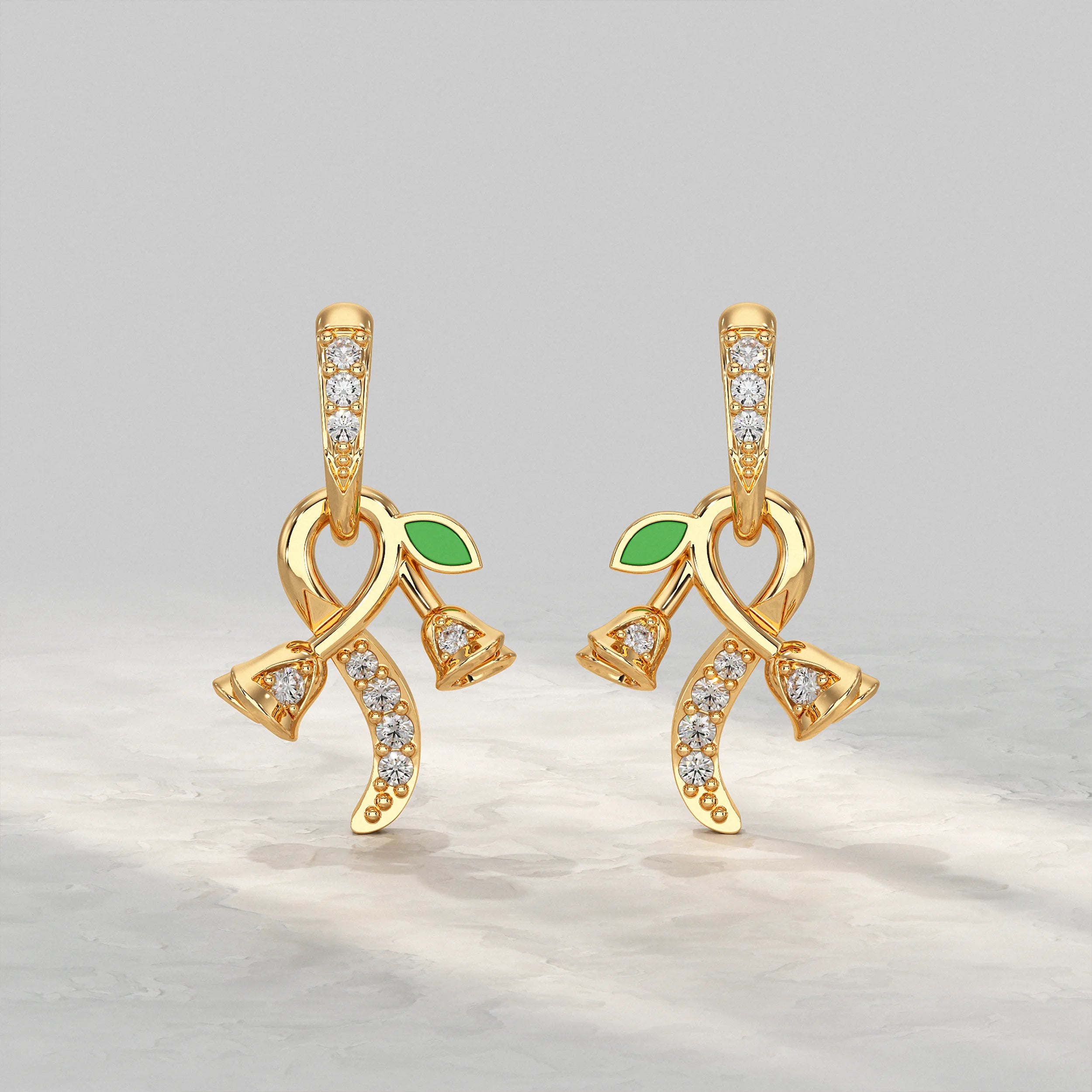 Yellow-Gold-Leaf-Drop-Earrings-With-Diamond