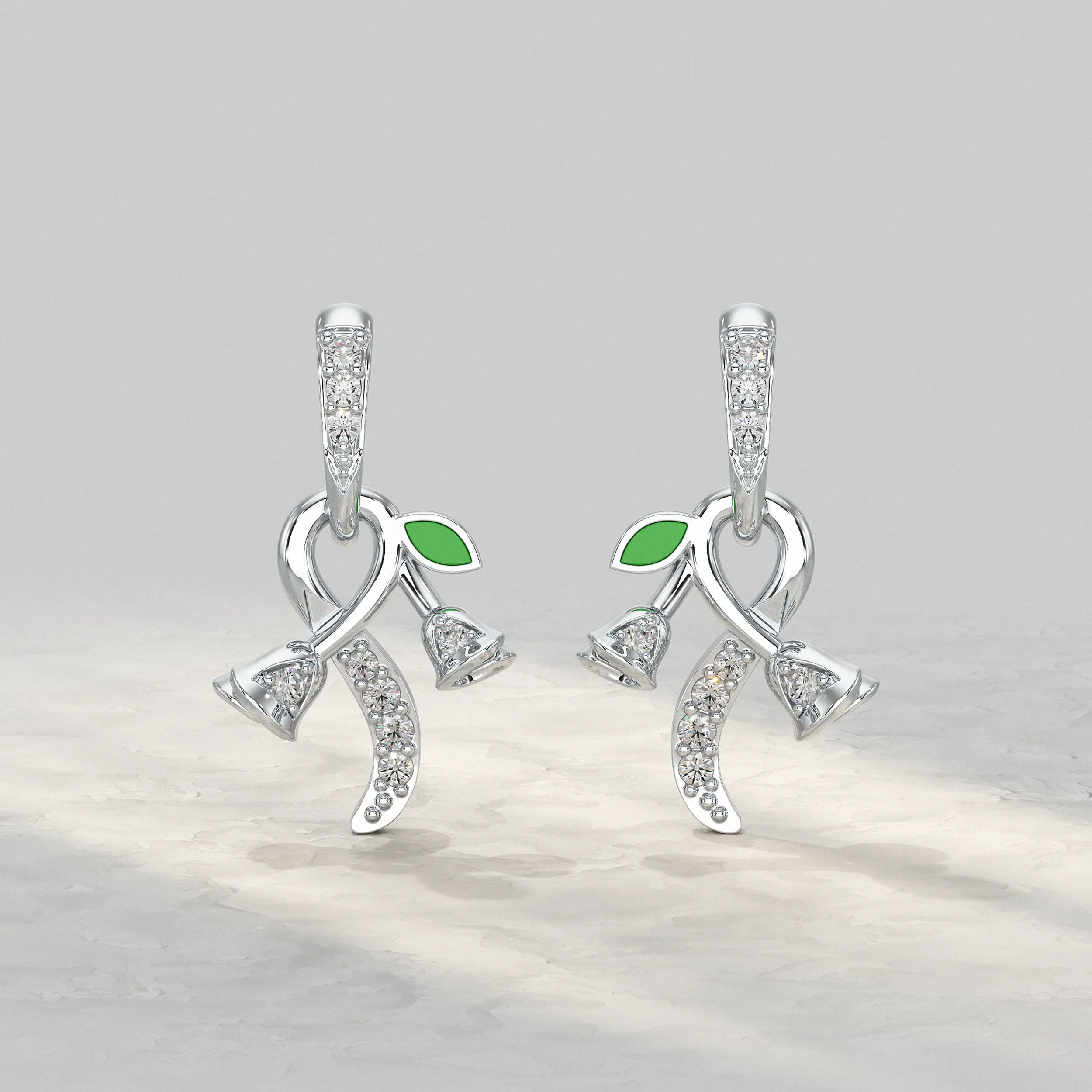 Silver-Floral-Vine-Earrings-With-Green-Enamel-And-Diamond