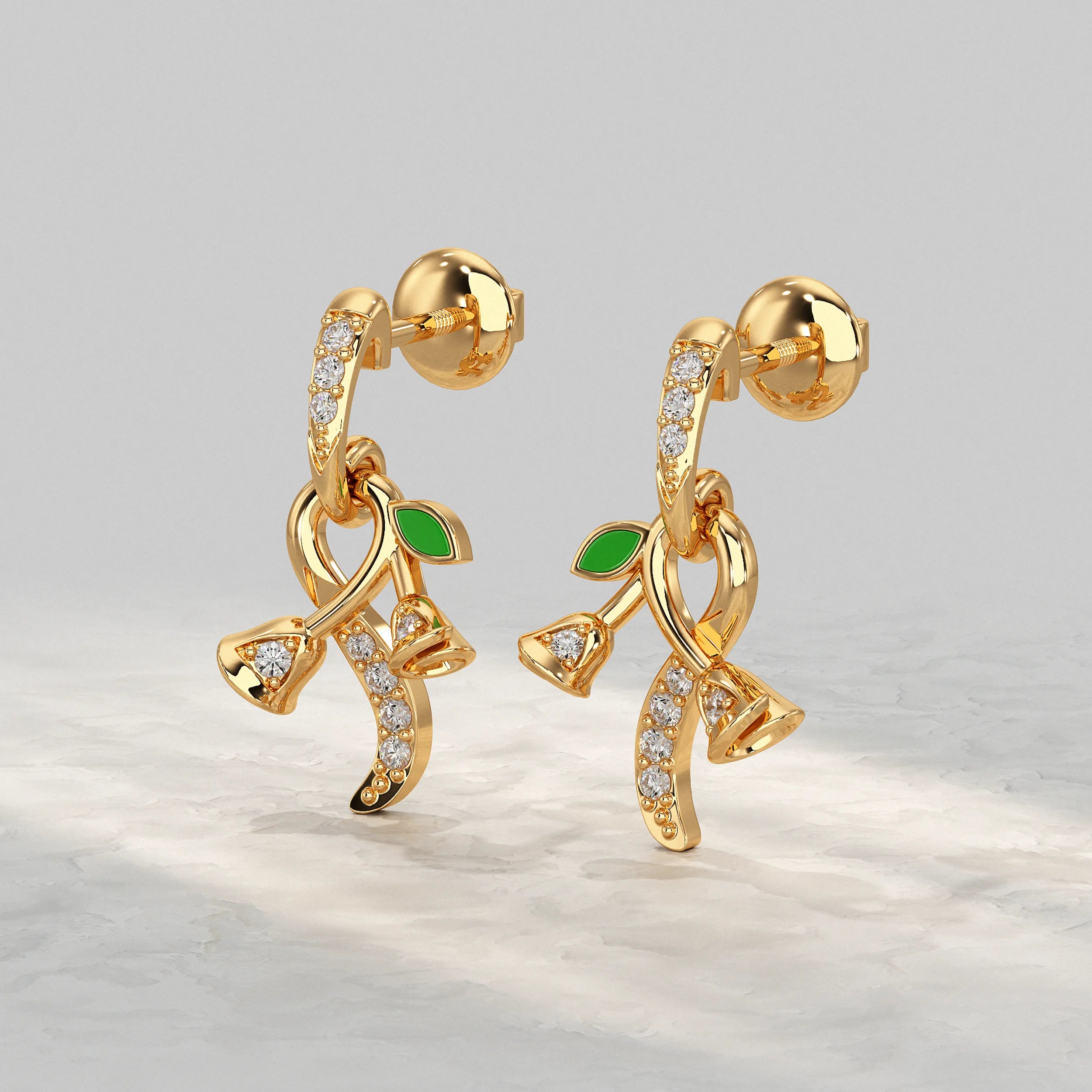 Floral-Vine-Design-Earrings-In-Yellow-Gold-With-Lab-Diamond
