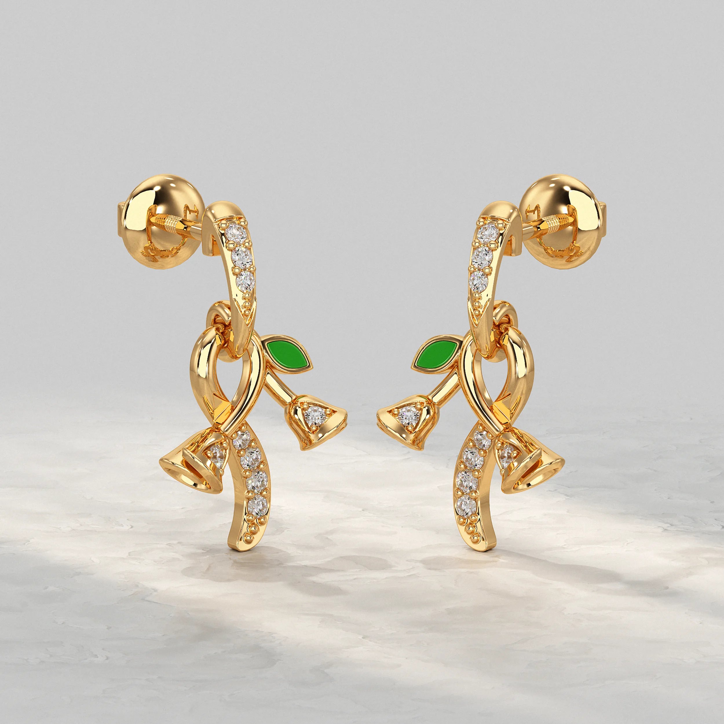 Yellow-Gold-Dangle-Earrings-With-Green-Leaf-Enamel-And-Diamond