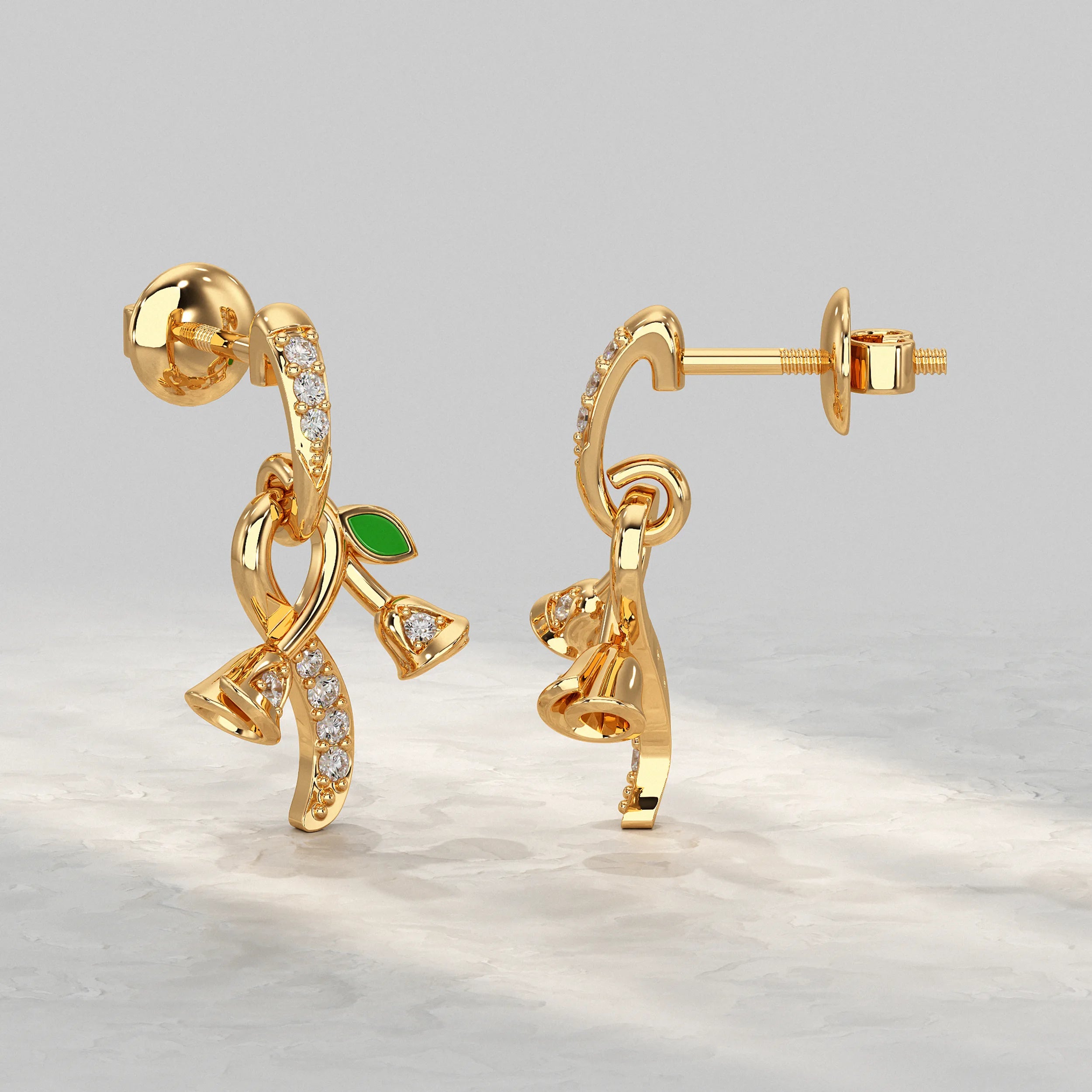 Nature-Inspired-Yellow-Gold-Earrings-With-Leaves-And-Diamond-Detailing