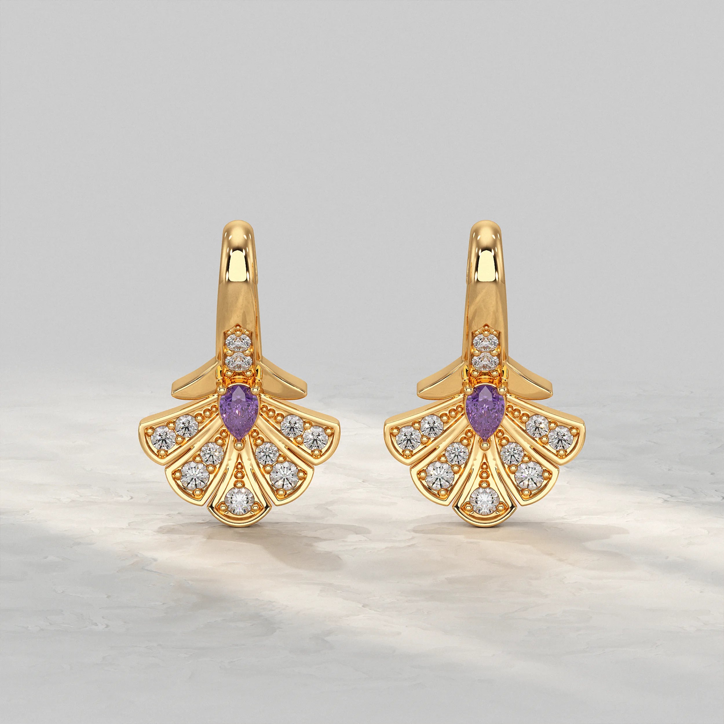 Yellow-Gold-Earrings-With-Purple-Gemstone-and-Diamond