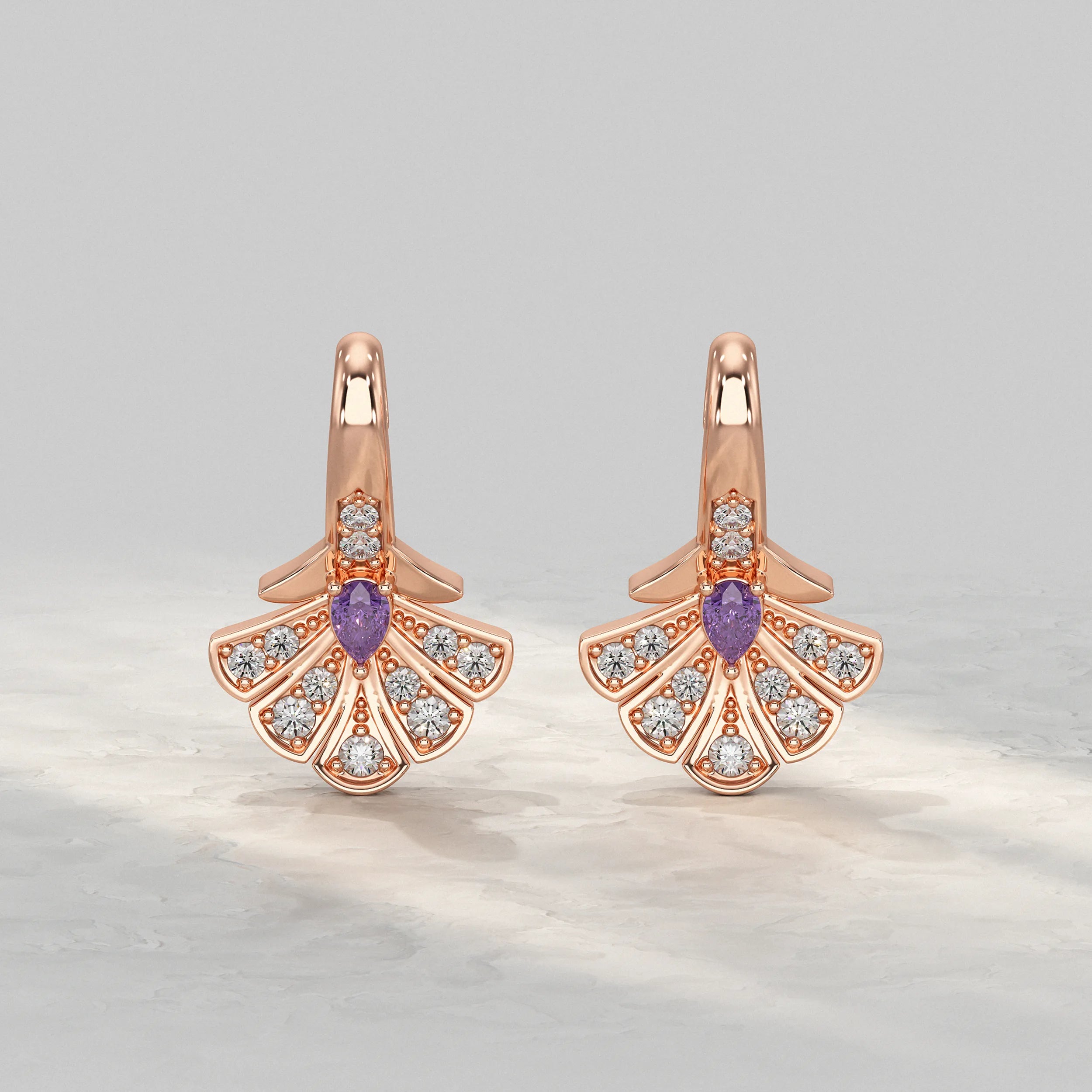Rose-Gold-Earrings-With-Pear-Shaped-Purple-Stone-and-Diamond-Accent