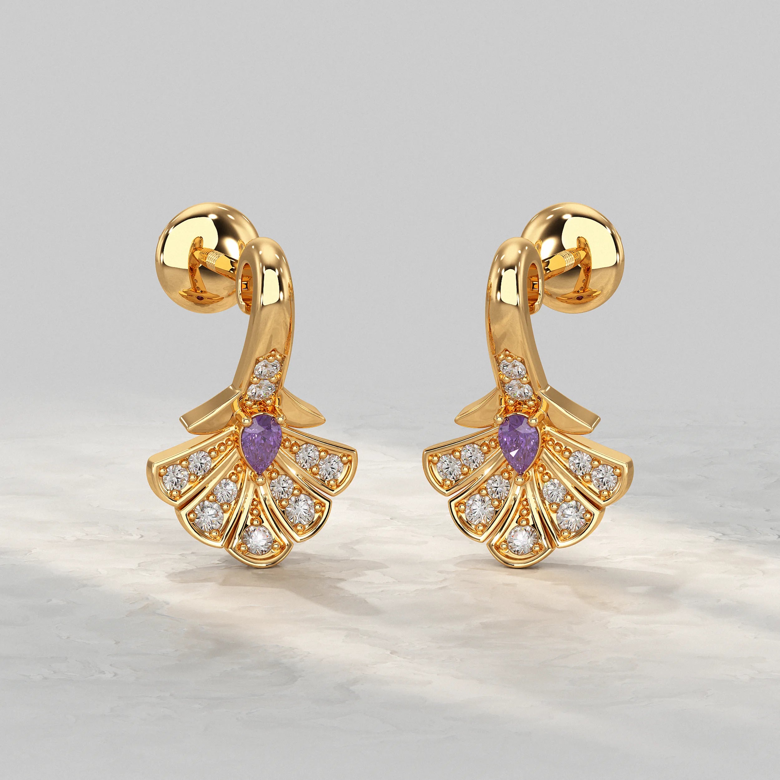 Yellow-Gold-Pear-And-Round-Diamond-Fan-Shape-Drop-Earring