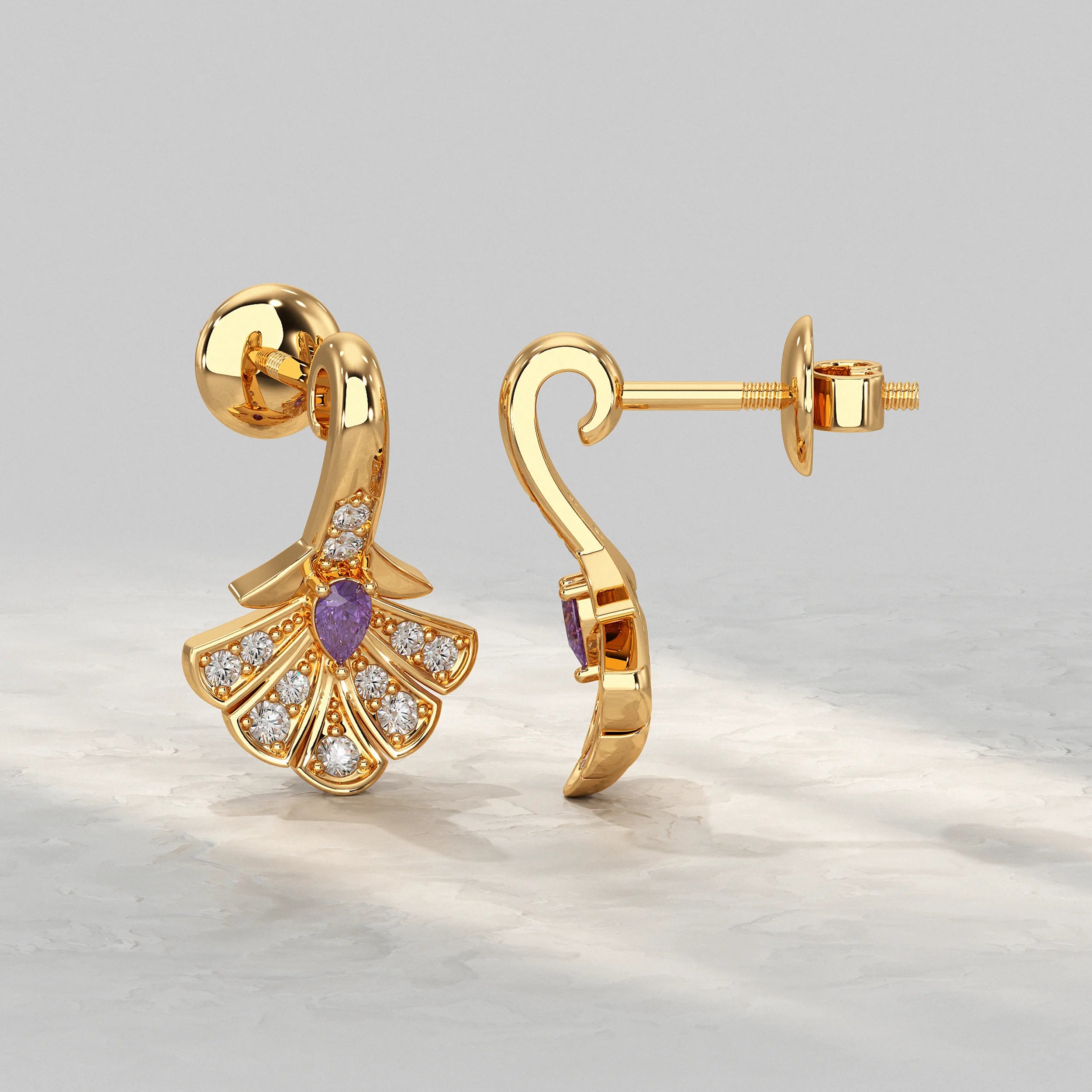 Yellow-Gold-Drop-Earrings-With-Fan-Motif-And-Purple-Stone