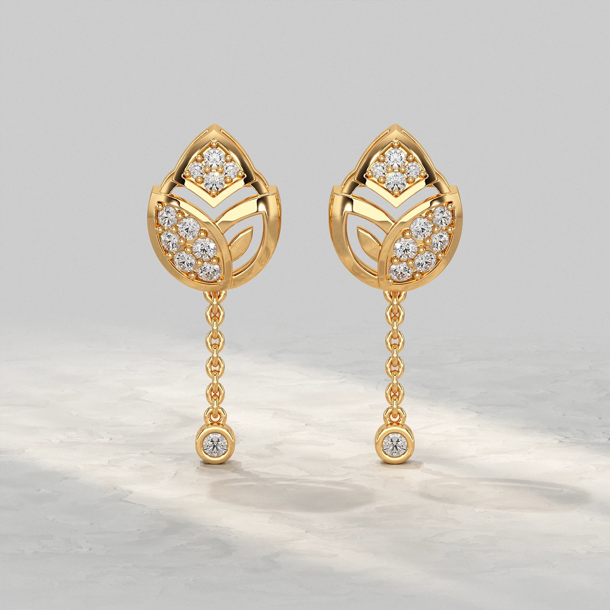 Yellow-Gold-Leaf-Drop-Earrings-With-Diamond-Accents