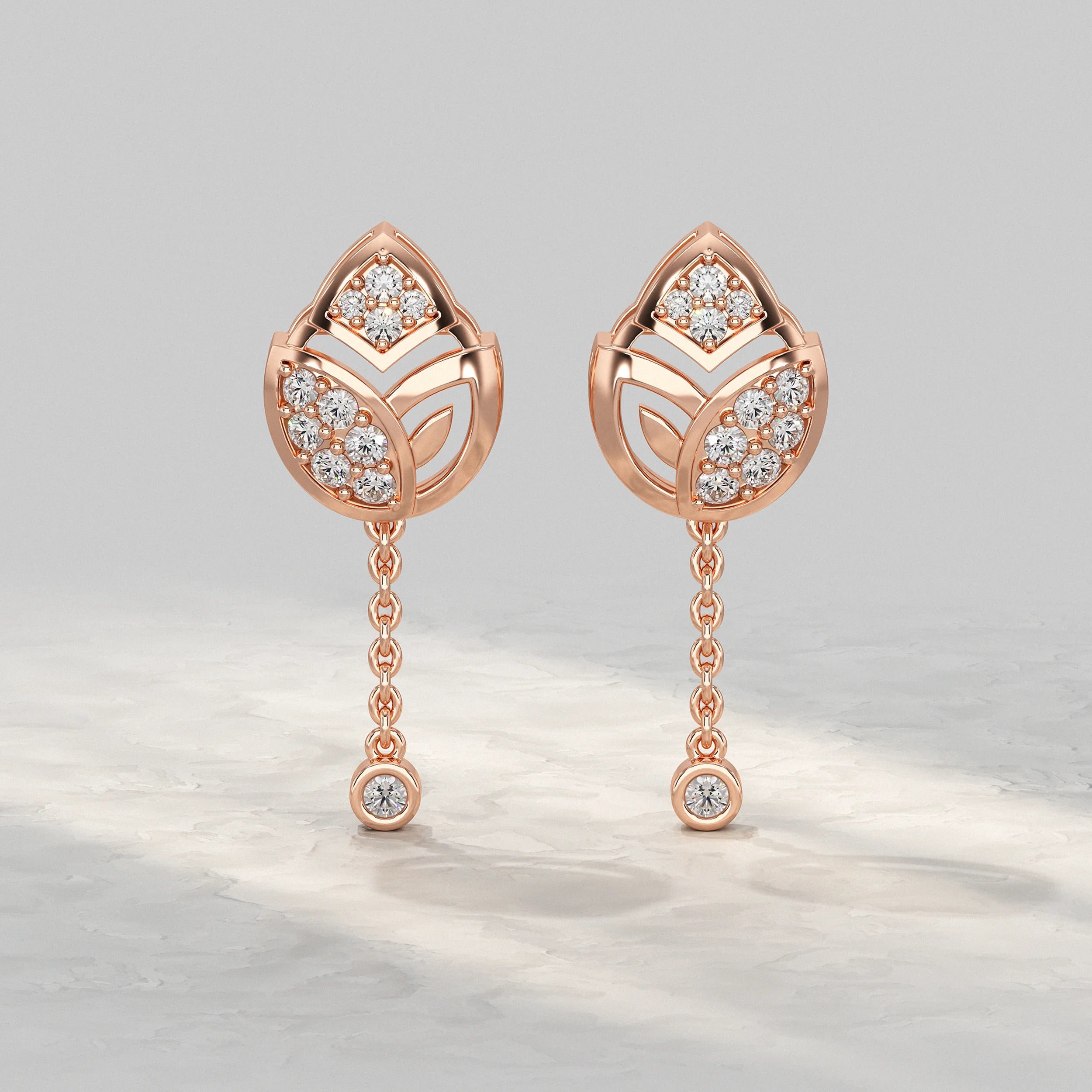 Rose-Gold-Drop-Earrings-With-Leaf-Motif-And-Diamond