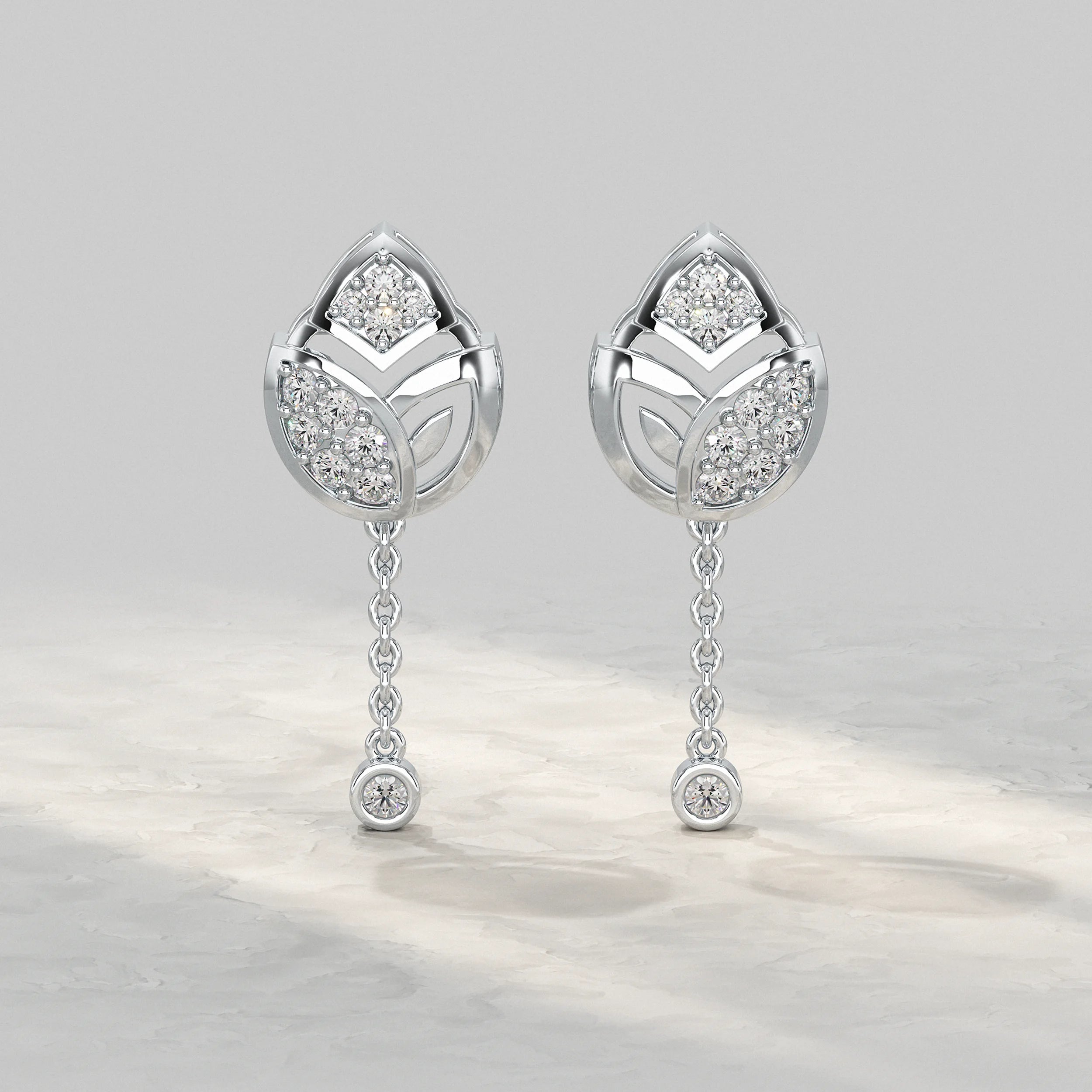 Silver-Leaf-Design-Earrings-With-Dangling-Chain