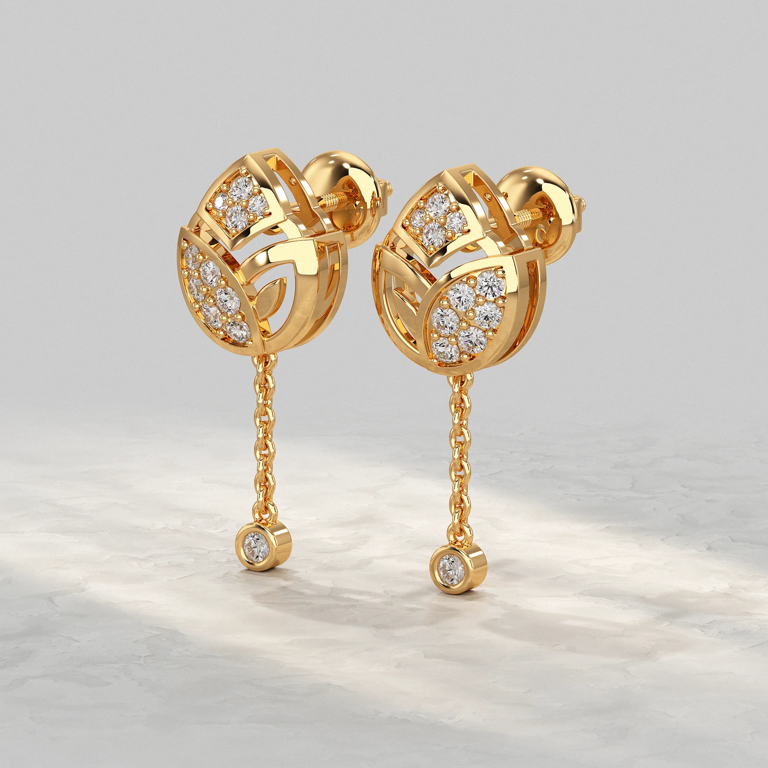 Floral-Inspired-Yellow-Gold-Earrings-With-Diamond-Chain-Drop