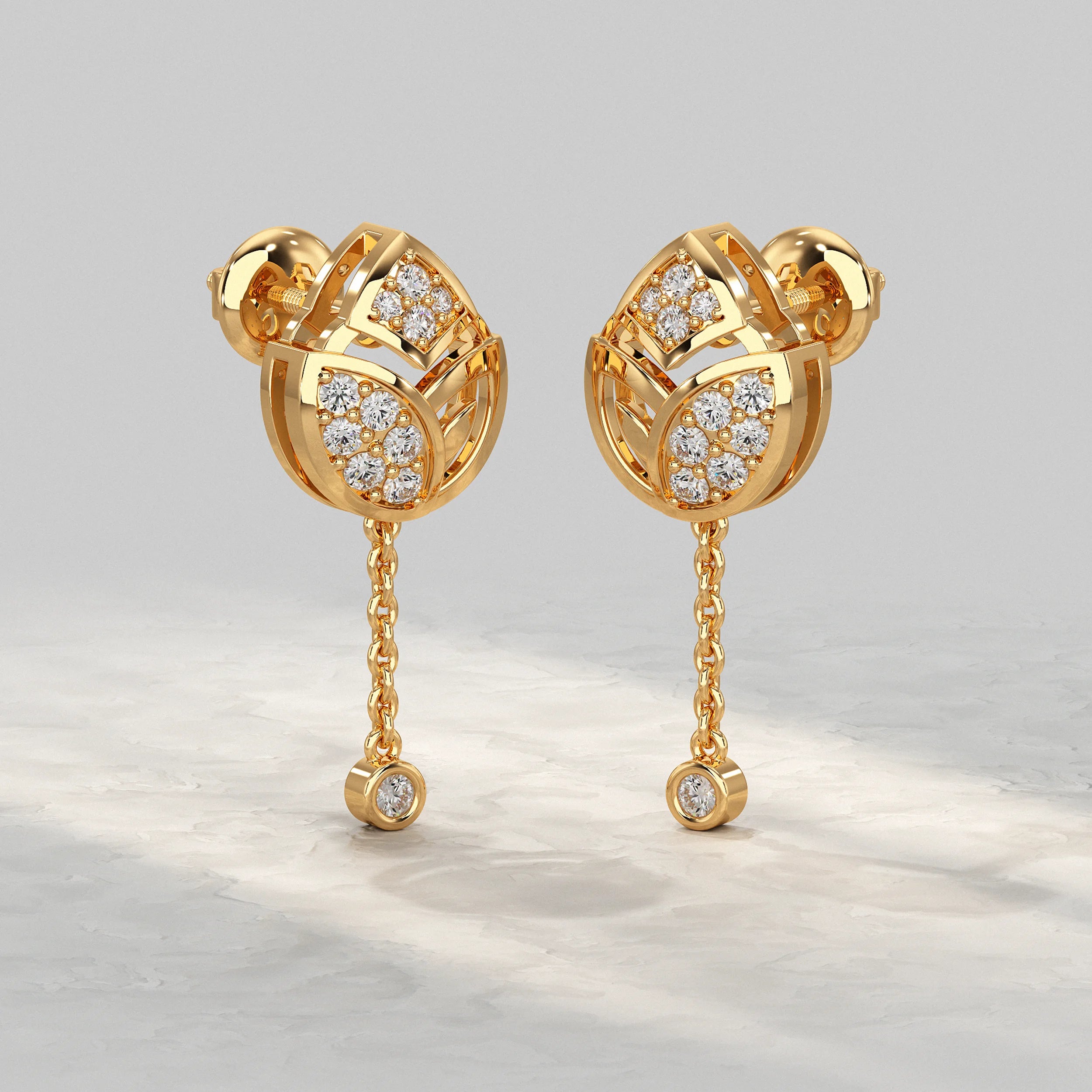 Luxury-Yellow-Gold-Leaf-Earrings-With-Diamond-Drop