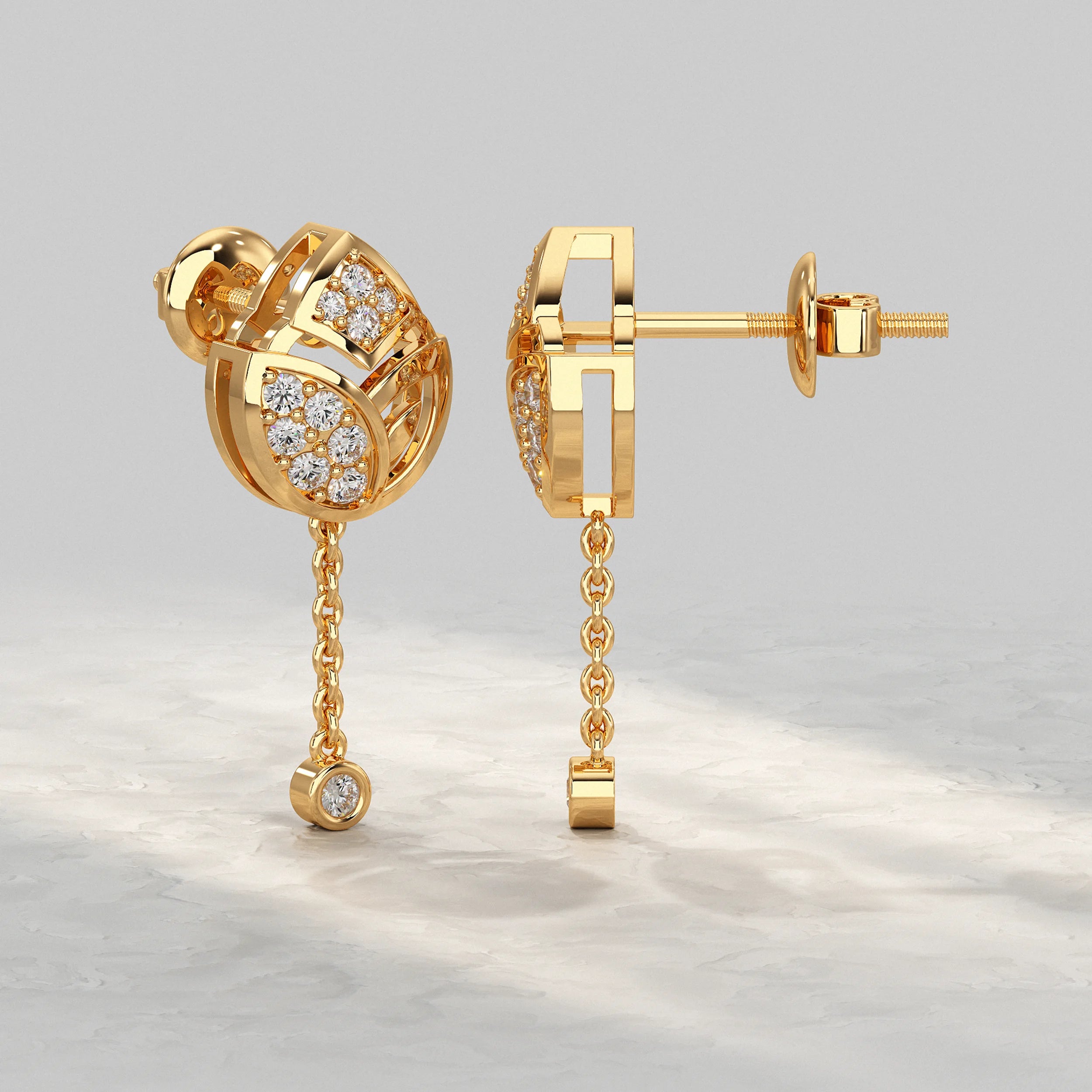 Nature-Inspired-Yellow-Gold-Earrings-With-Chain