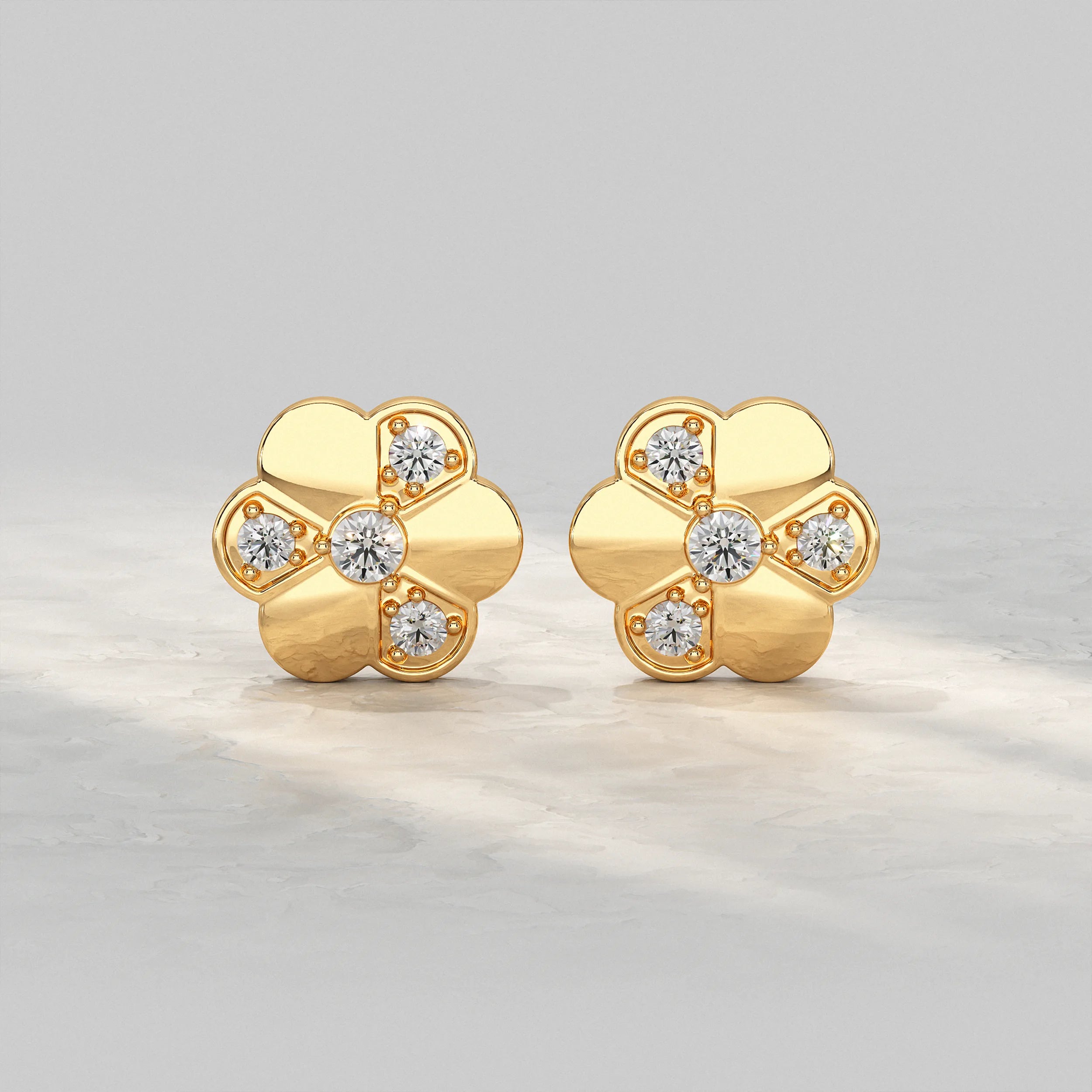 Yellow-Gold-Flower-Stud-Earrings-With-Diamond-Center