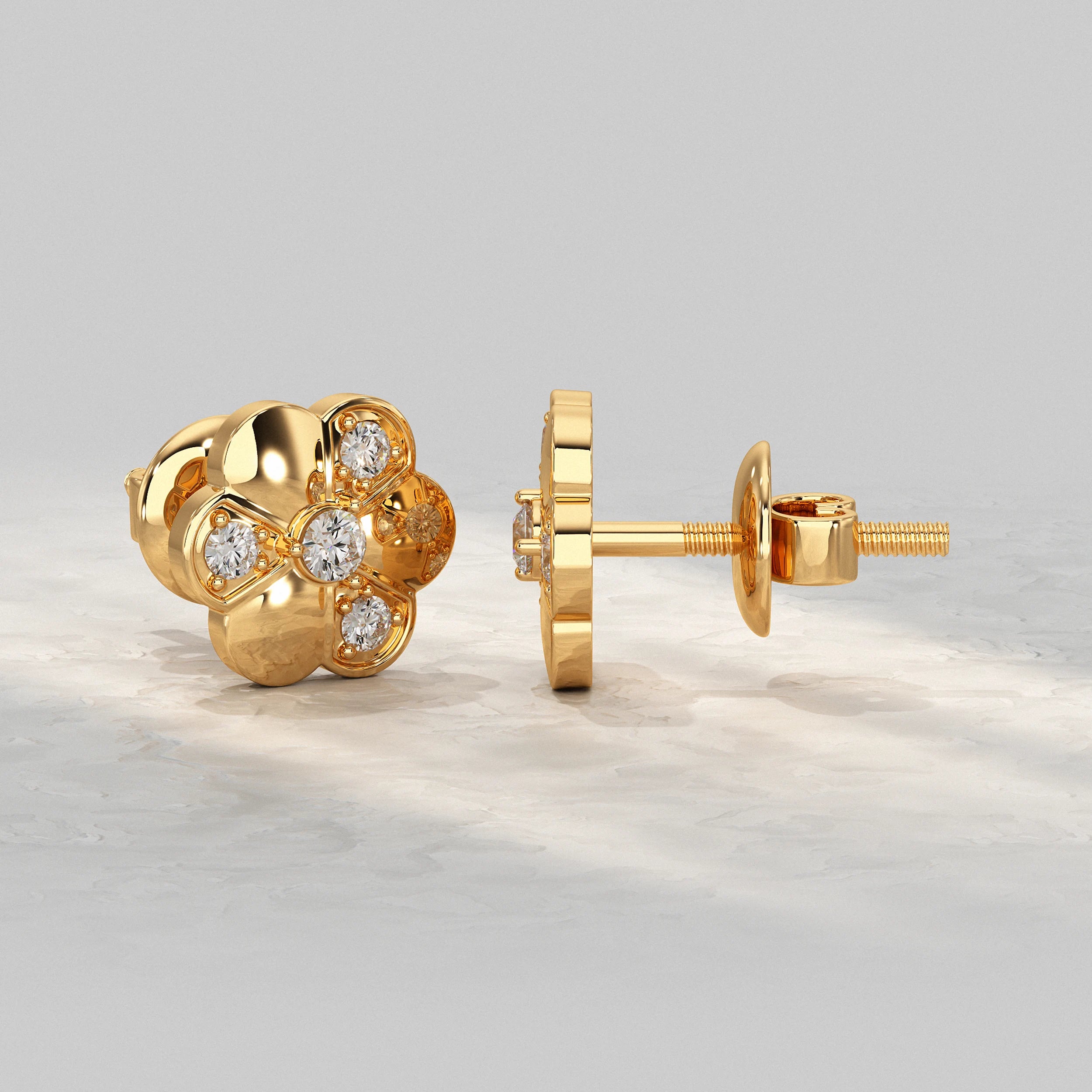 Six-Petal-Gold-Flower-Earrings-With-Round-Cut-Diamond