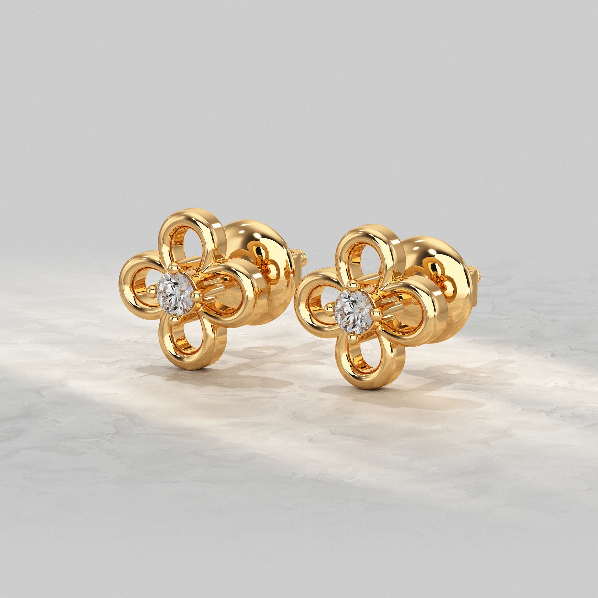 Yellow-Gold-Four-Loop-Floral-Design-Earrings-With-Diamond-Accent