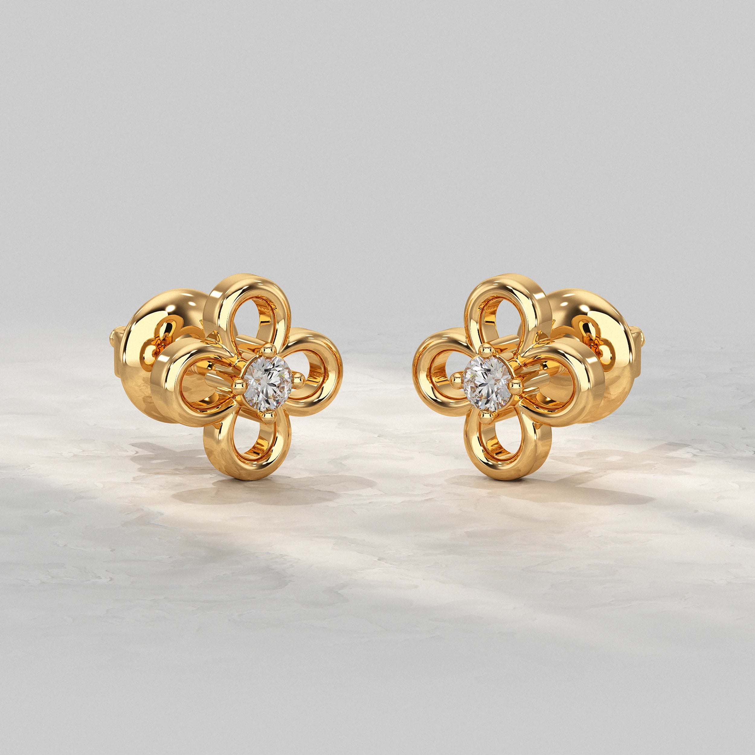 Yellow-Floral-Studs-With-Round-Cut-Diamond-In-Center