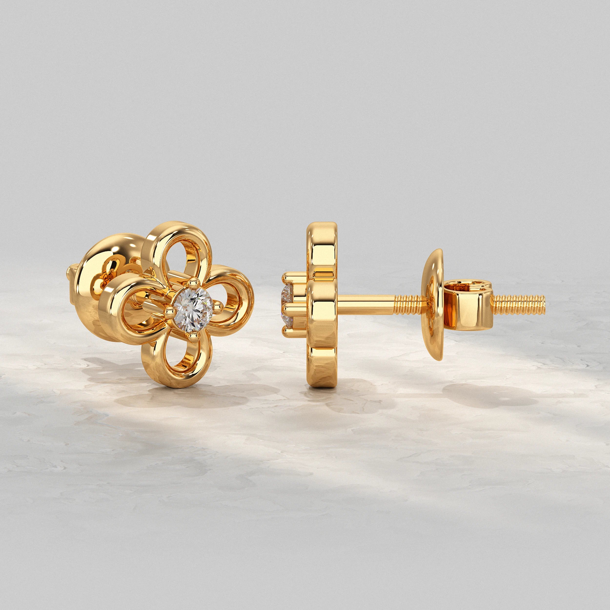 Yellow-Gold-Looped-Flower-Stud-Earrings-With-Single-Diamond