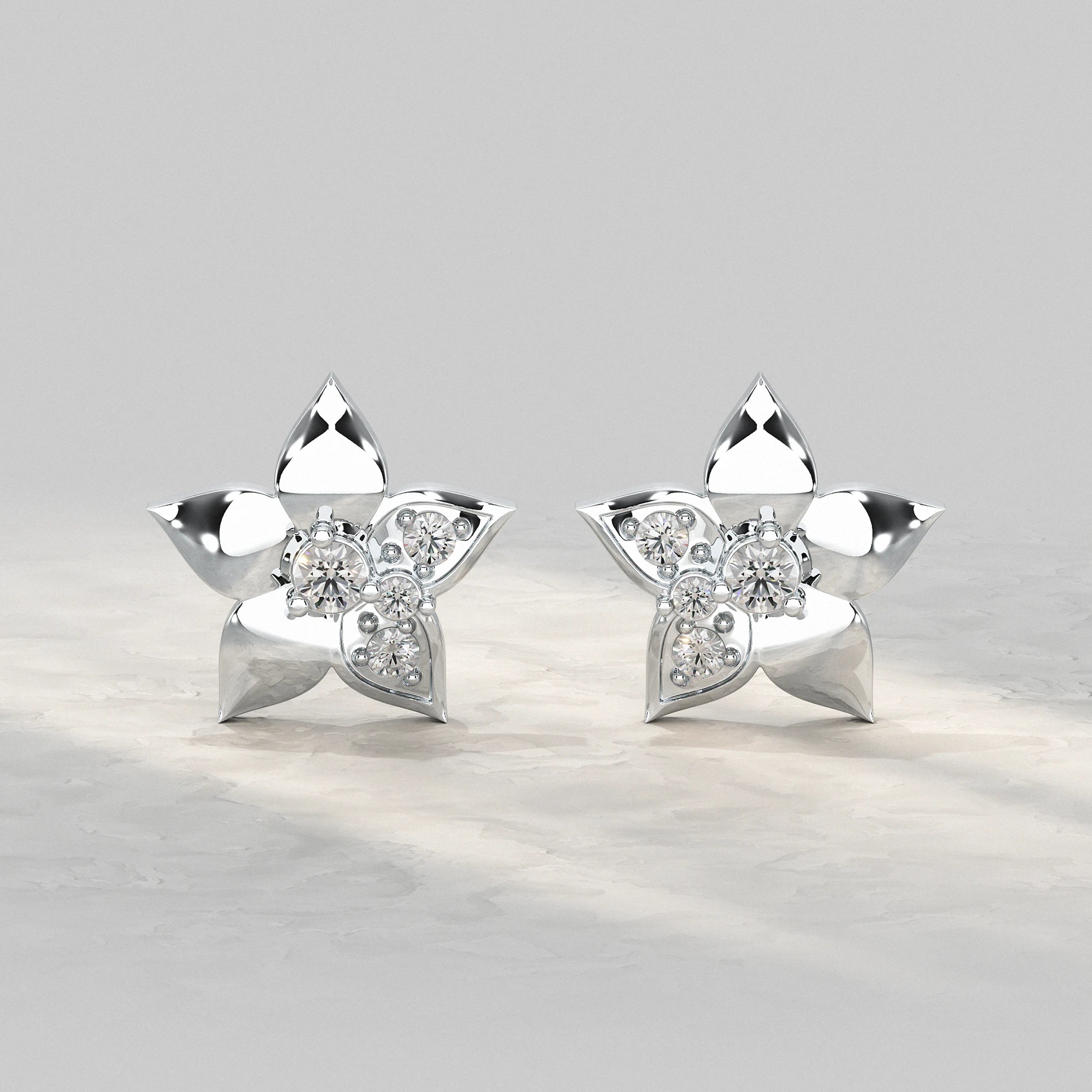 Silver-Floral-Stud-Earrings-With-Offset-Diamond