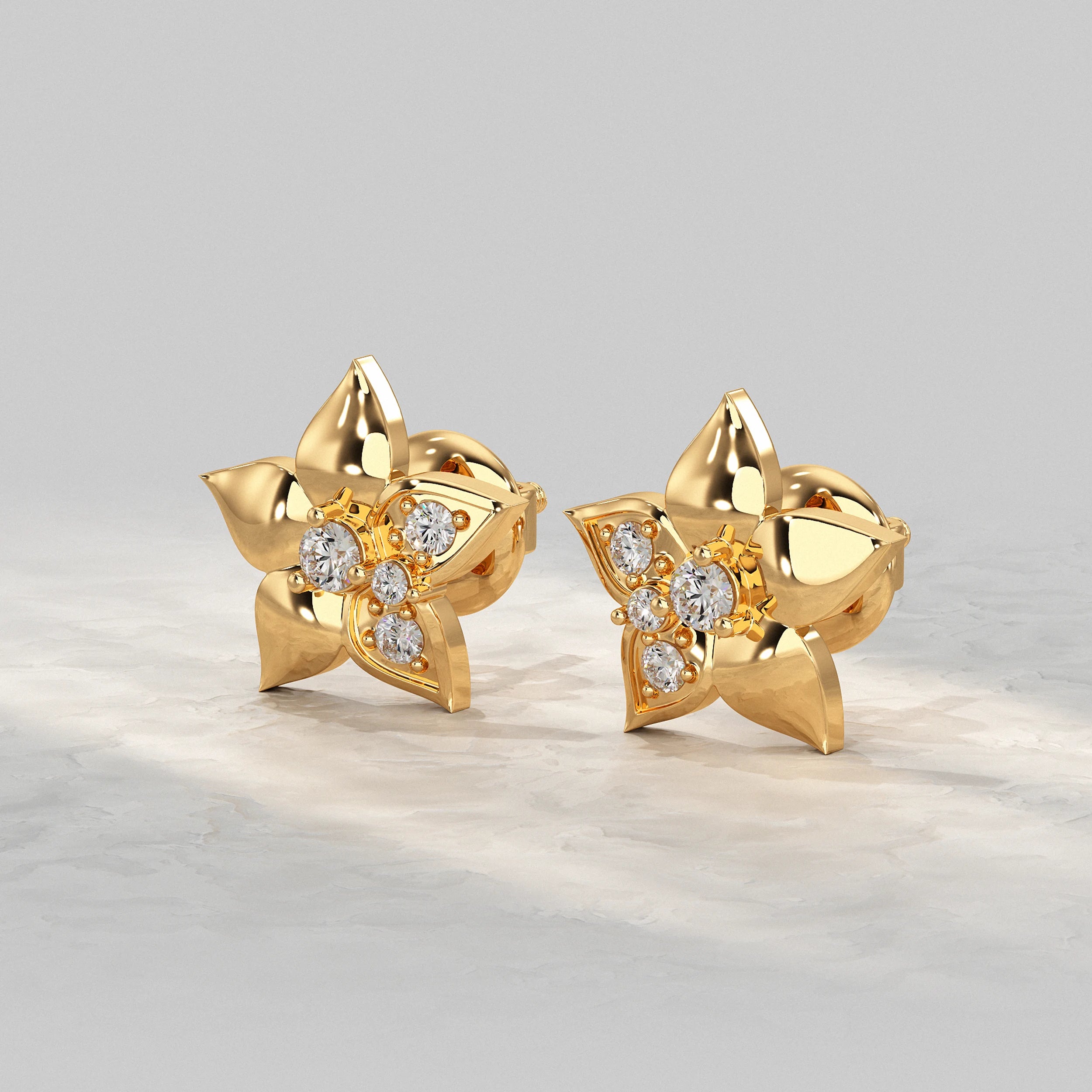 Yellow-Gold-Blossom-Design-Earrings-With-Side-Diamond