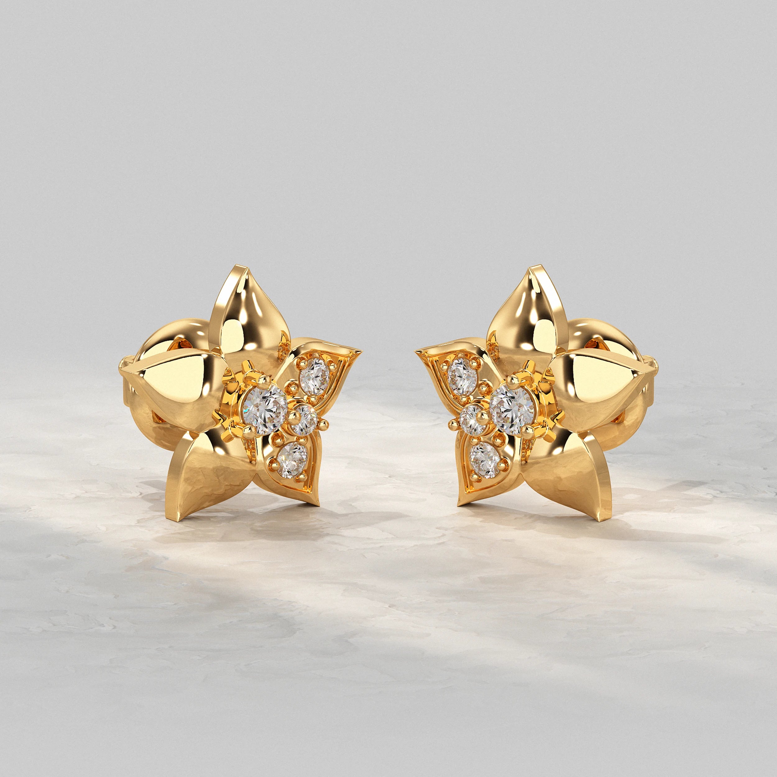  Yellow-Gold-Floral-Stud-Earrings-With-Round-Cut-Diamond