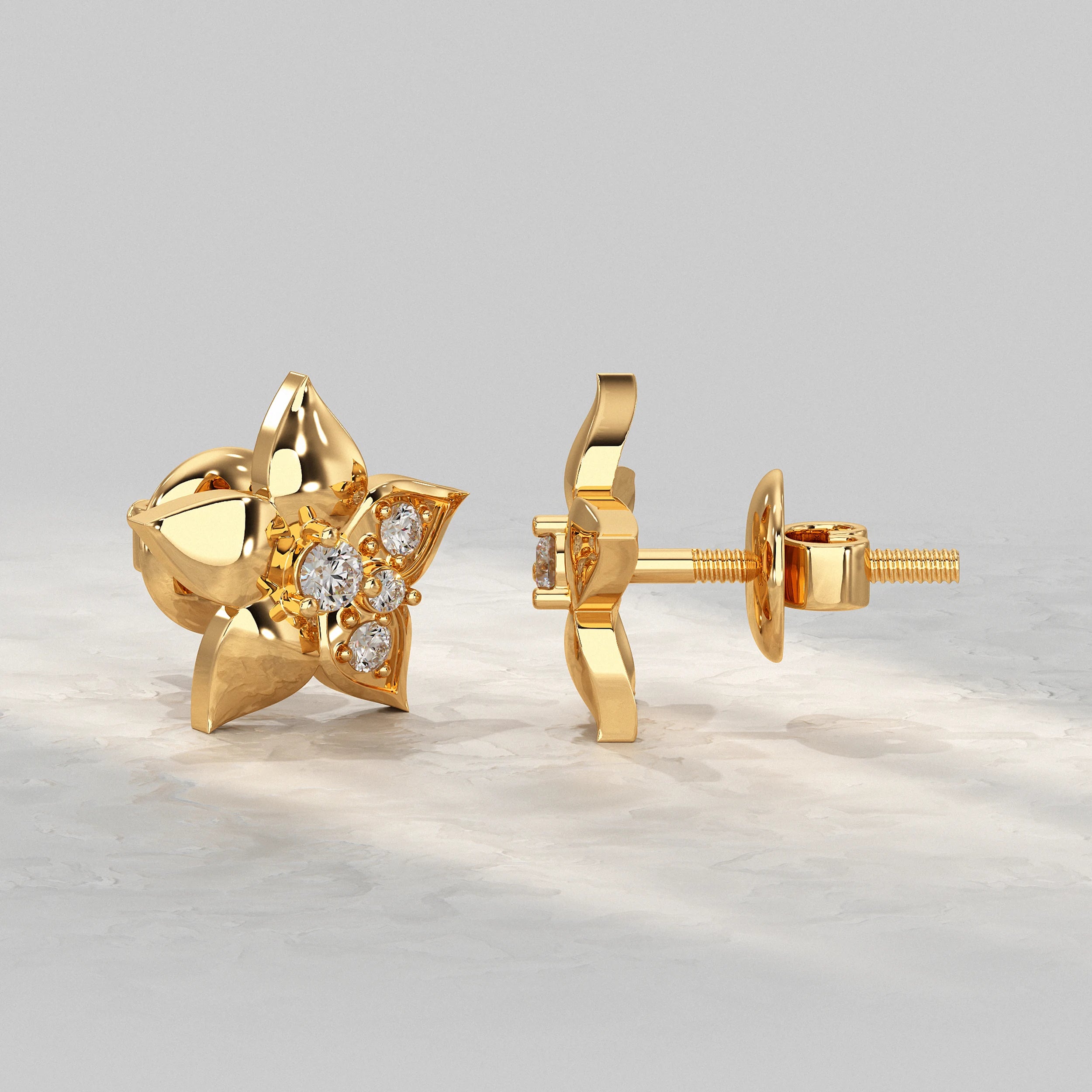 Yellow-Gold-Petal-Design-Studs-With-Diamond-Accent