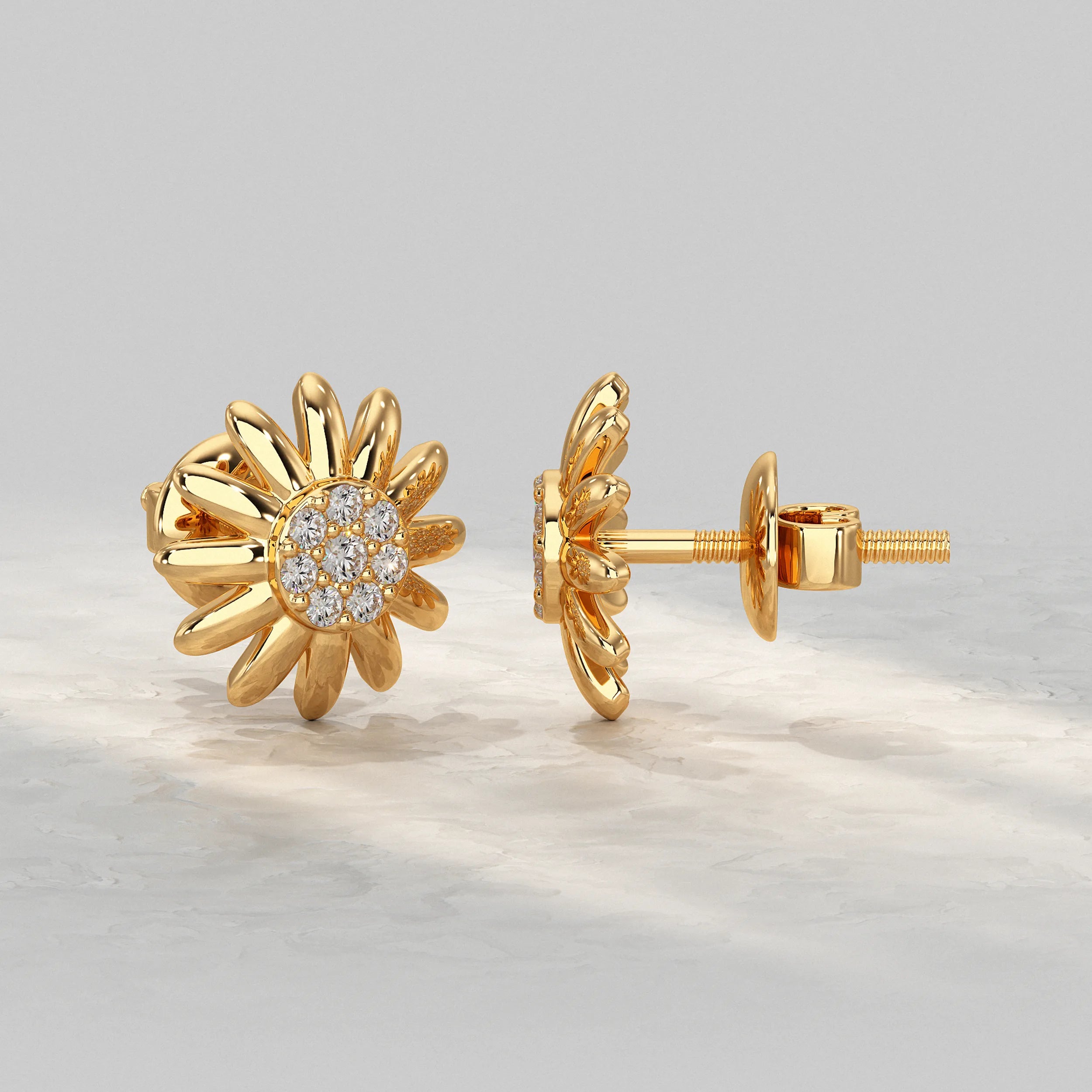 Yellow-Gold-Floral-Stud-Earrings-With-Round-Cut-Diamond