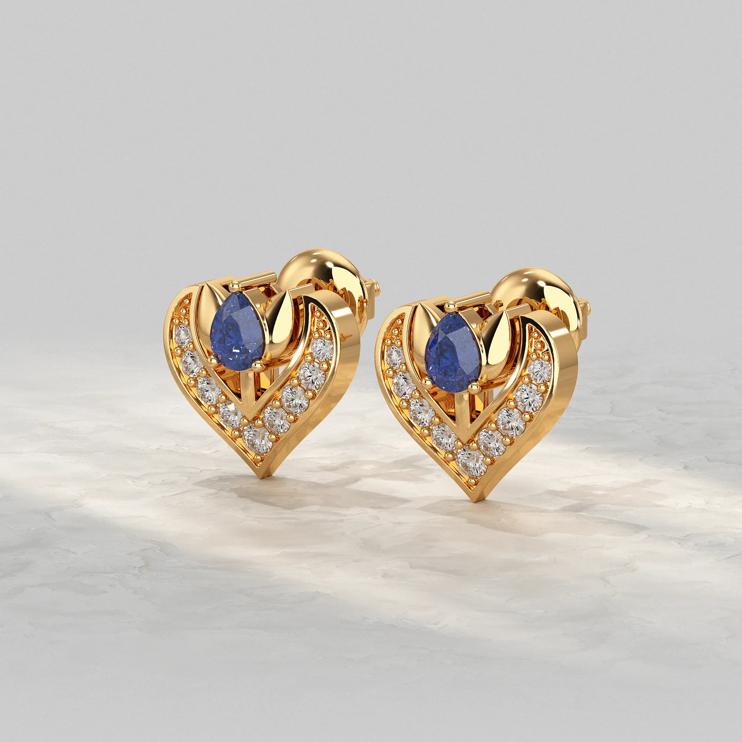 Yellow-Gold-Floral-Heart-Earrings-With-Blue-Center-Stone