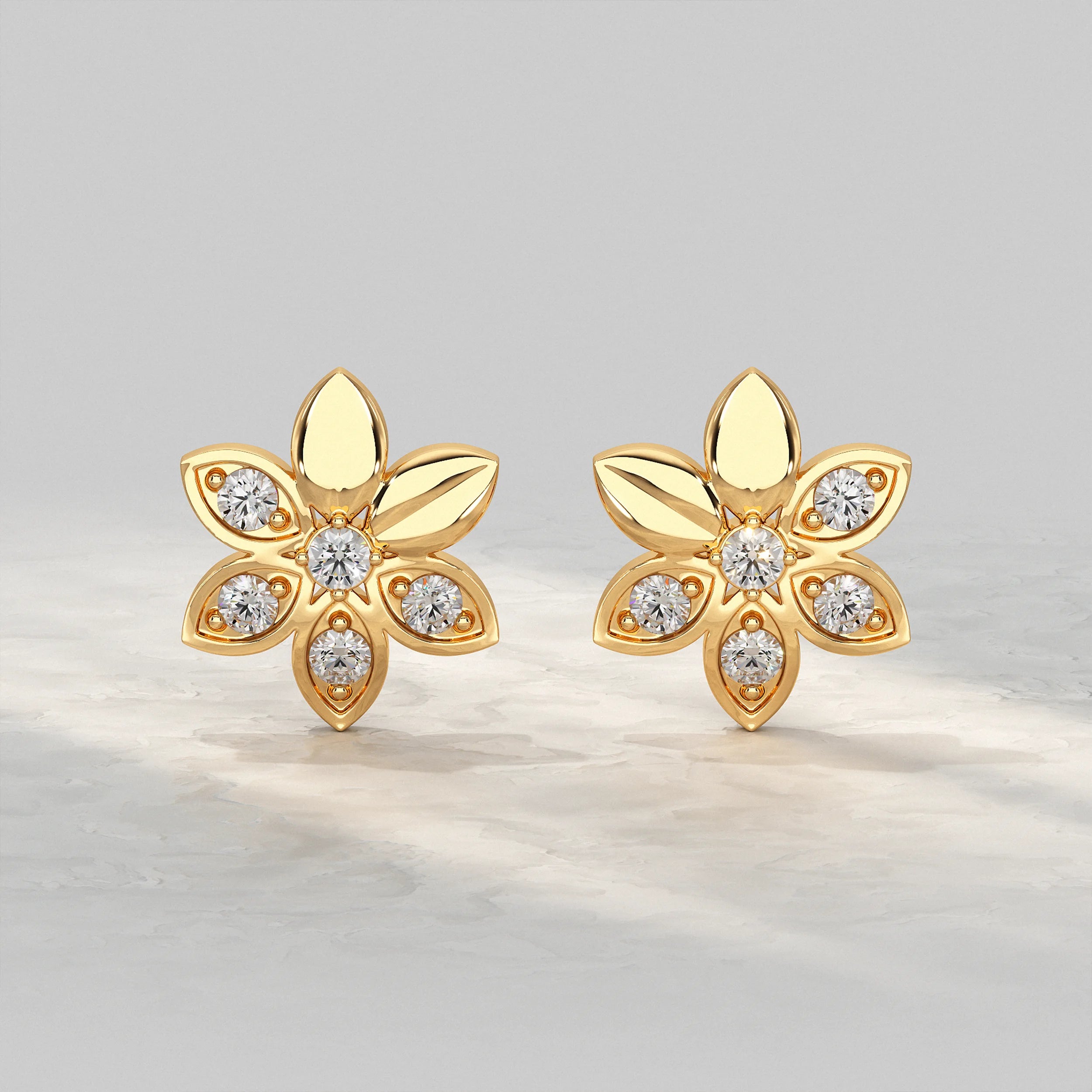 Yellow-Gold-Flower-Stud-Earrings-With-Diamond